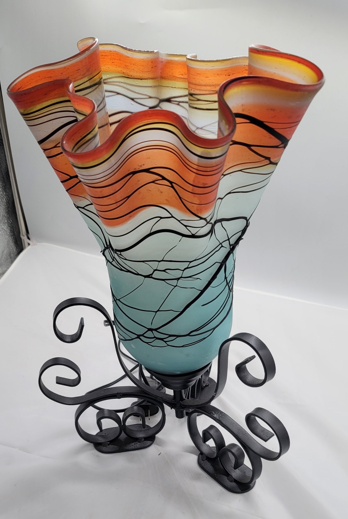 Blue/Red Blown Glass Flower Lamp