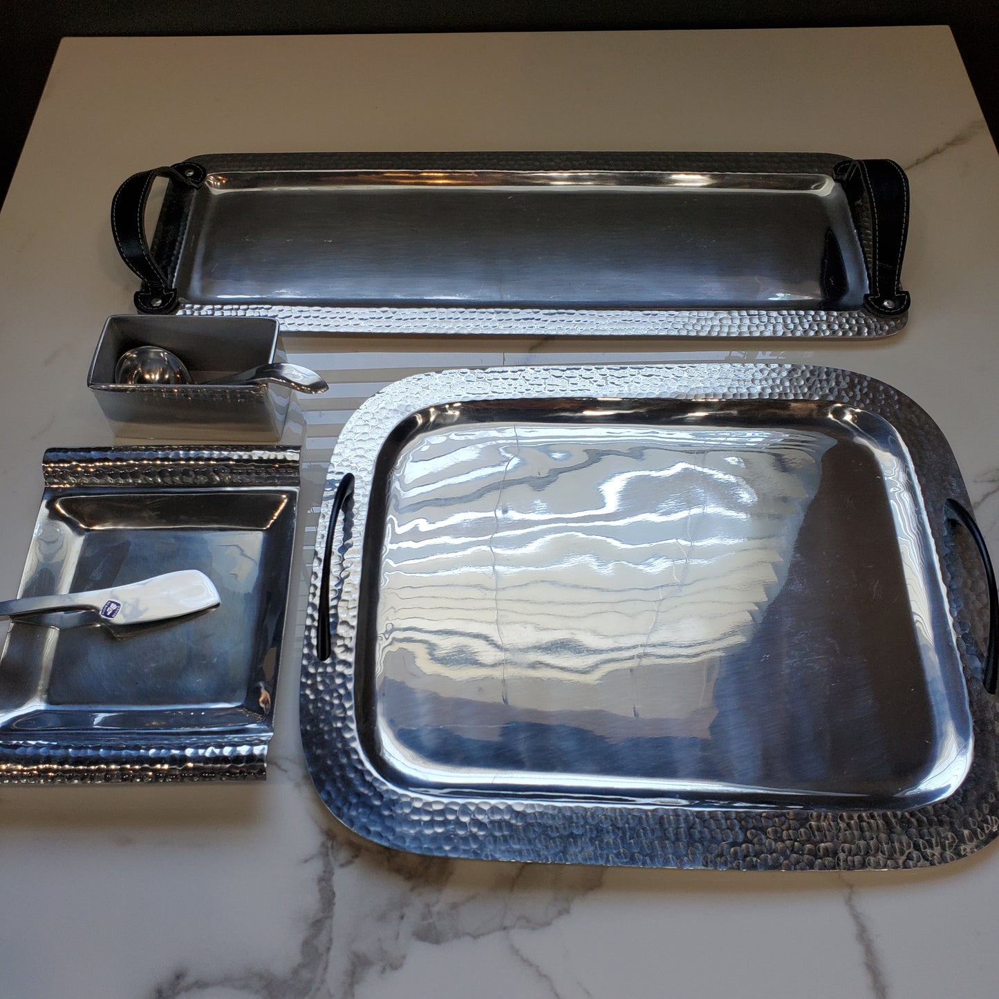 6pc Pewter Serving Tray Set w/ Cheese & Salsa Utensils