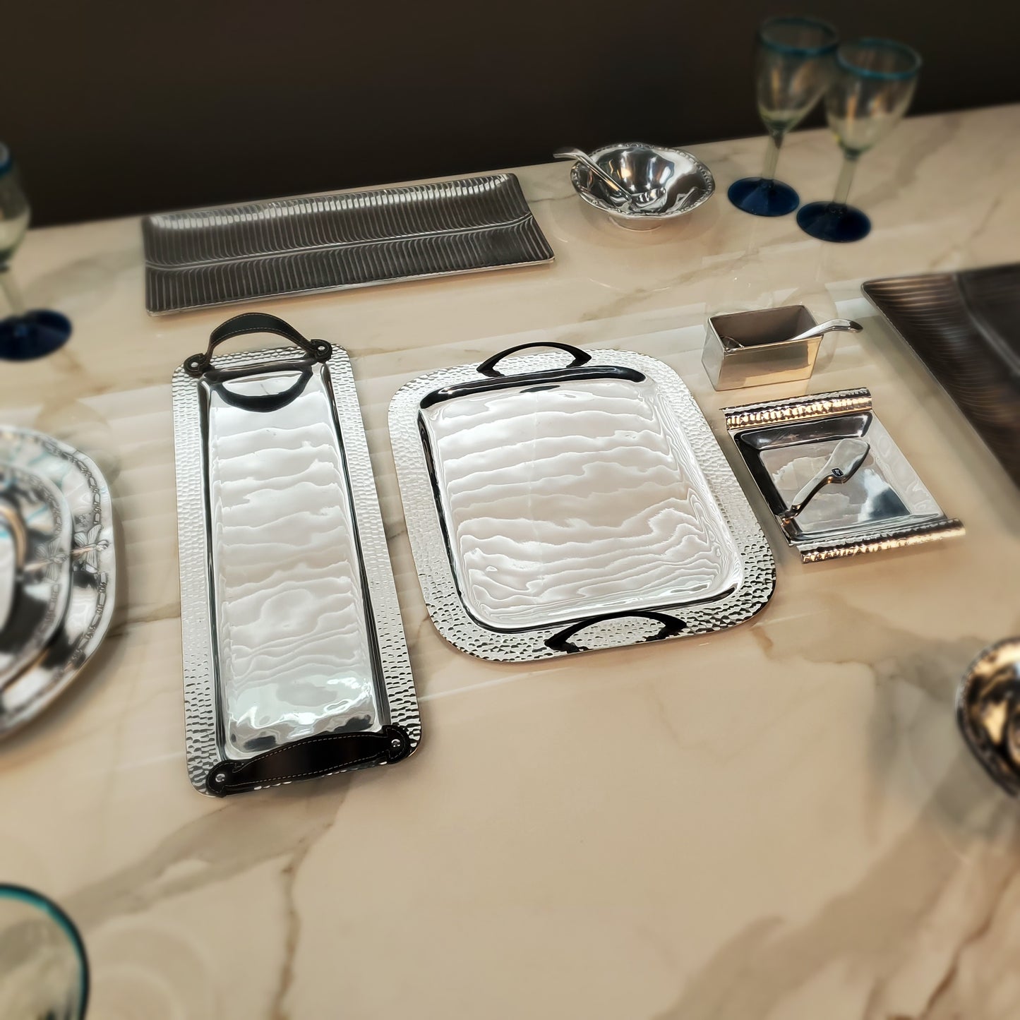 6pc Pewter Serving Tray Set w/ Cheese & Salsa Utensils