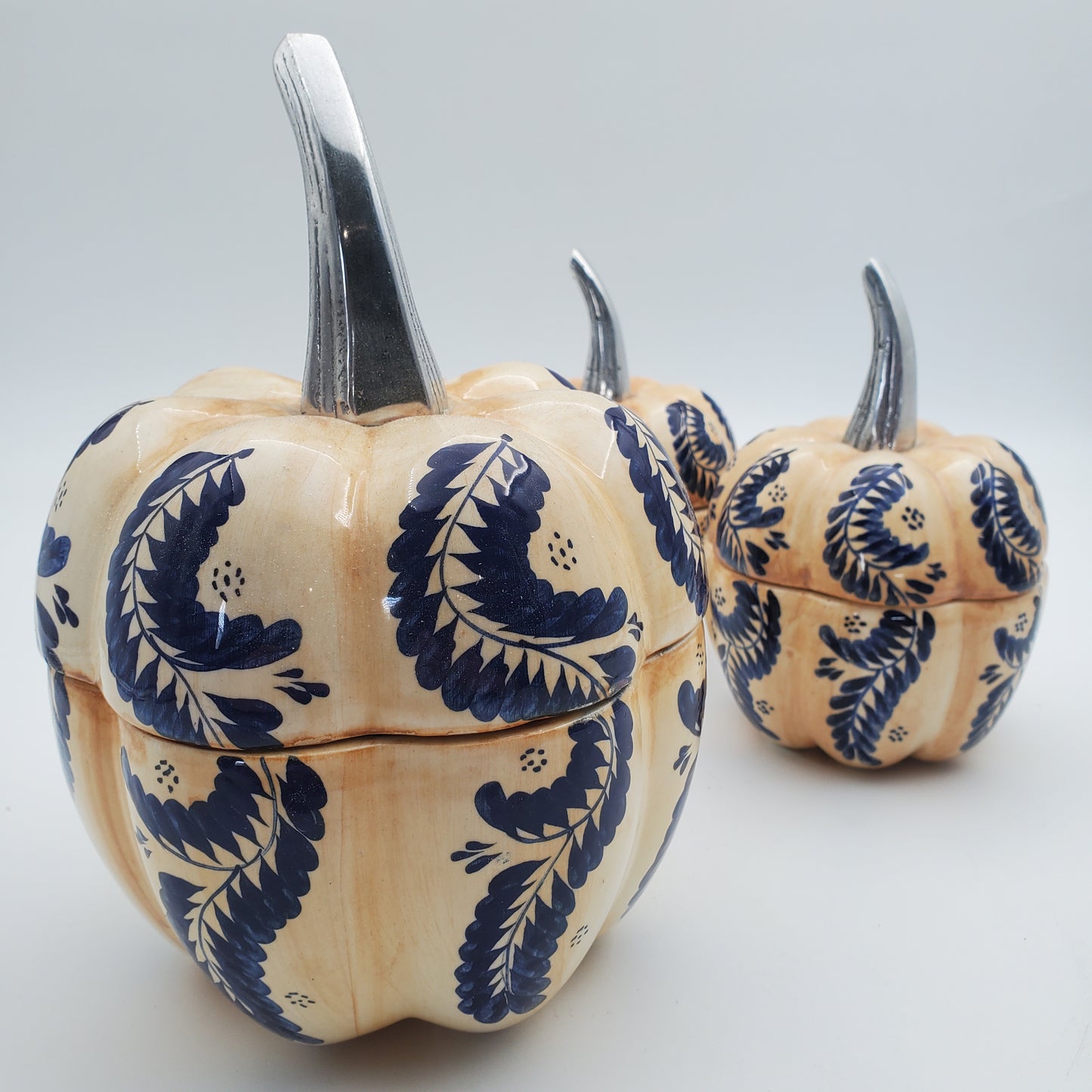 3pc Ceramic & Pewter Pumpkin Candy Bowl Set