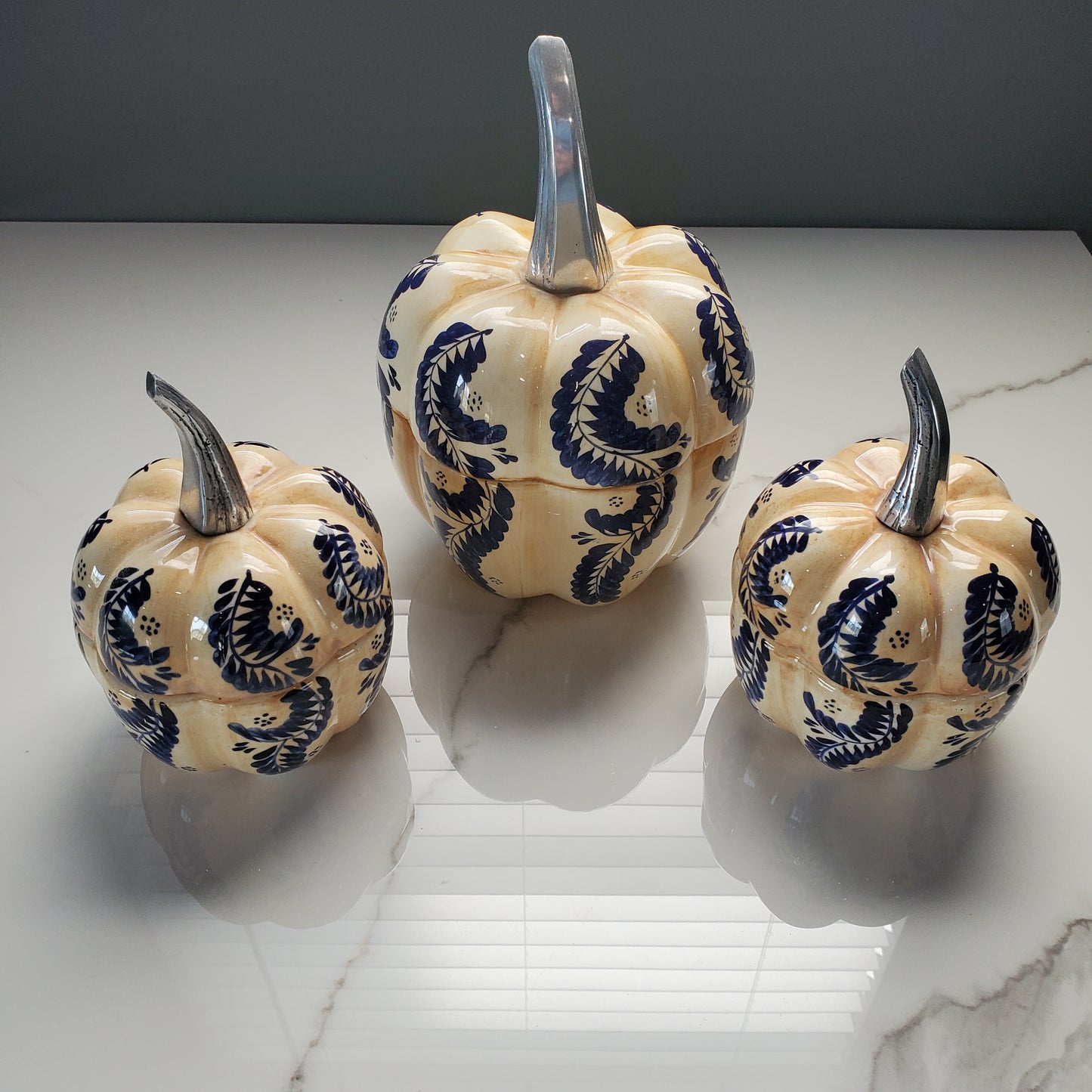 3pc Ceramic & Pewter Pumpkin Candy Bowl Set