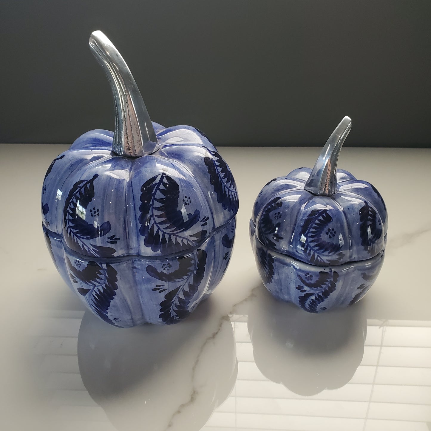 2pc Ceramic & Pewter Pumpkin Candy Bowl Set