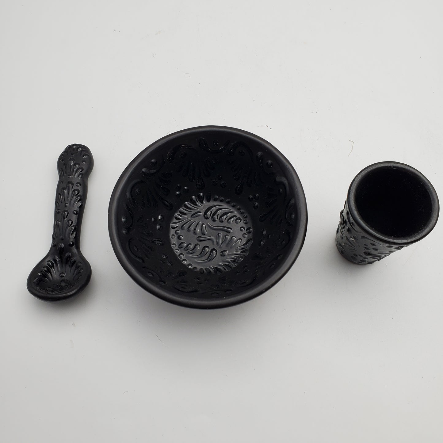 3pc Matching Talavera Set w/ Salsa Dish, Spoon and Tequilero