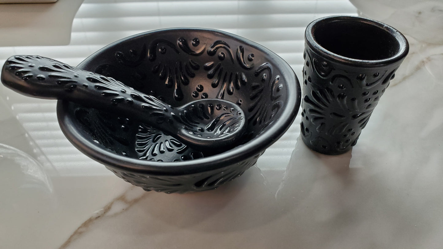 3pc Matching Talavera Set w/ Salsa Dish, Spoon and Tequilero