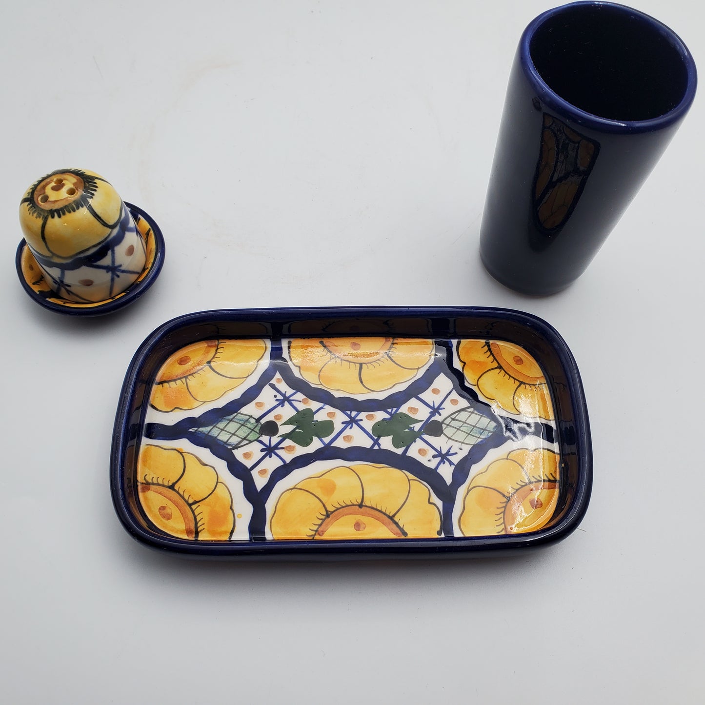 3pc Blue/ Yellow Talavera Salt & Lime Tray w/ Tequilero