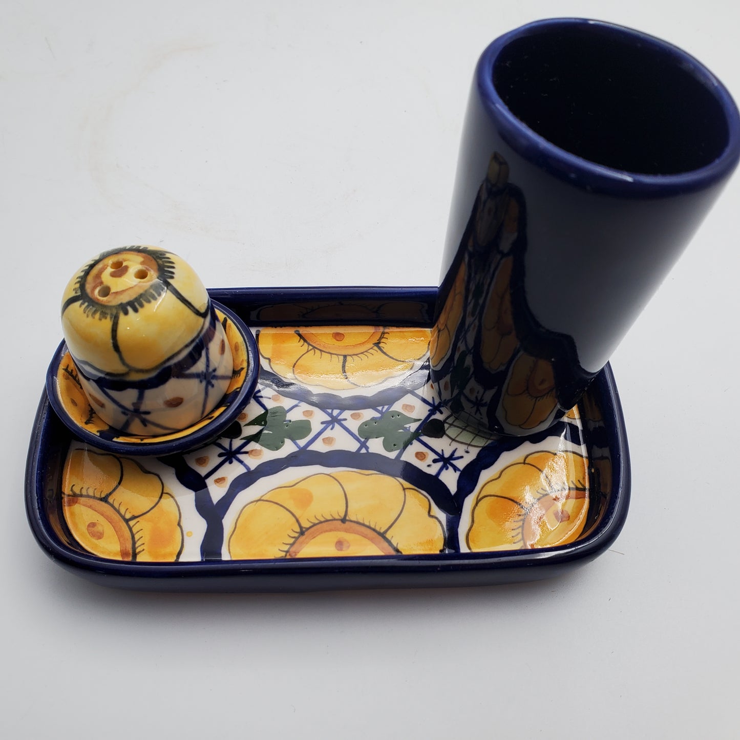 3pc Blue/ Yellow Talavera Salt & Lime Tray w/ Tequilero