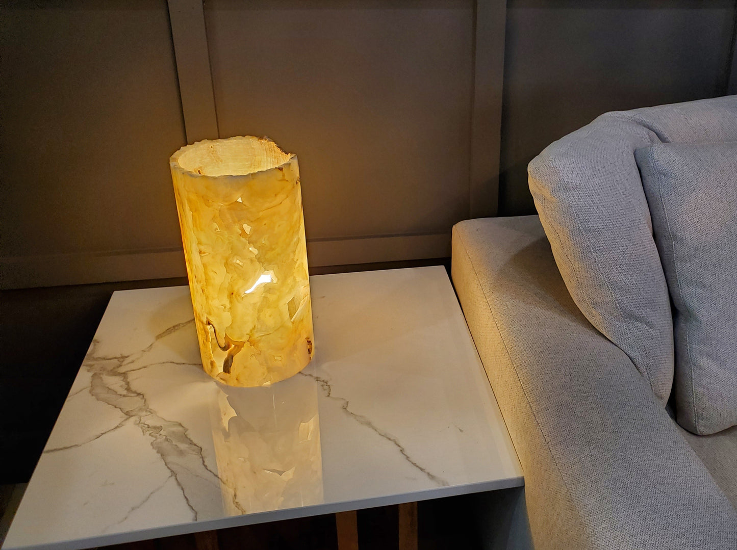 Beige, Orange and Brown Round Onyx Lamp