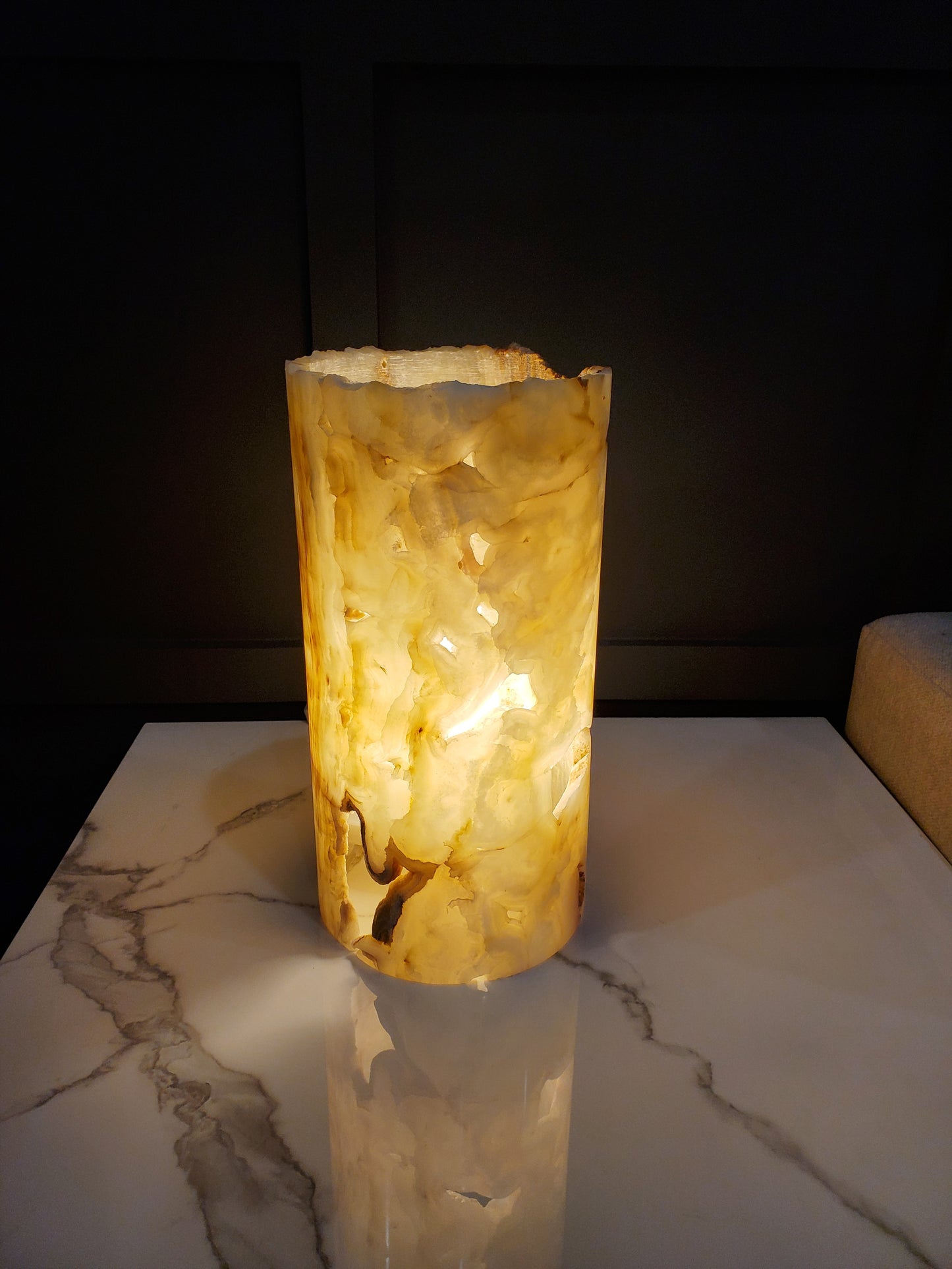 Beige, Orange and Brown Round Onyx Lamp