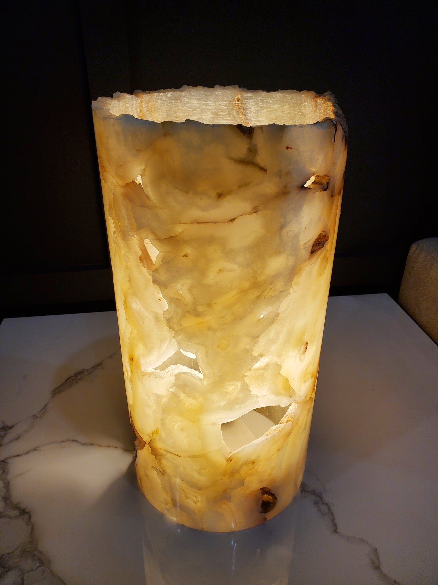 Beige, Orange and Brown Round Onyx Lamp