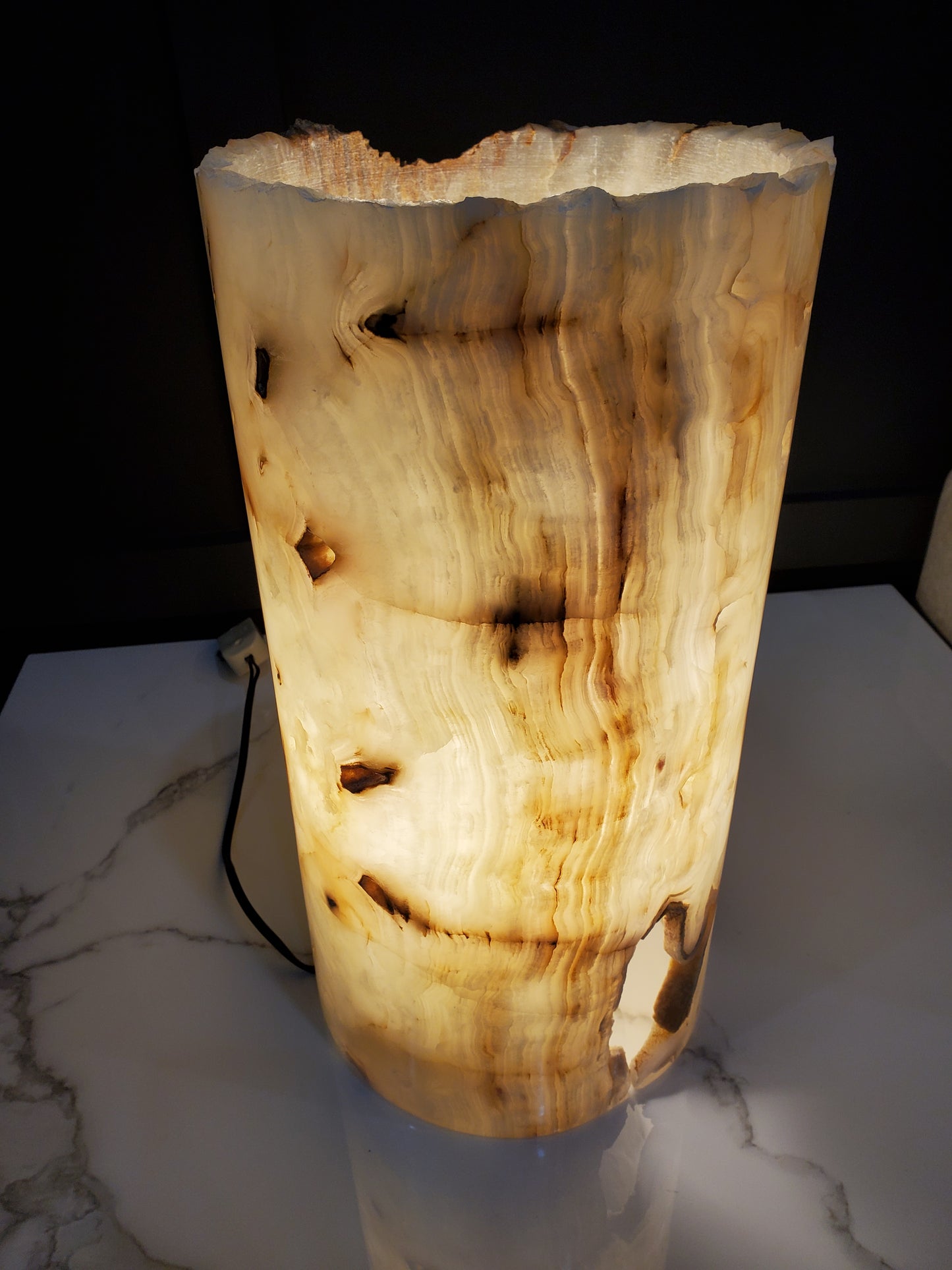 Beige, Orange and Brown Round Onyx Lamp