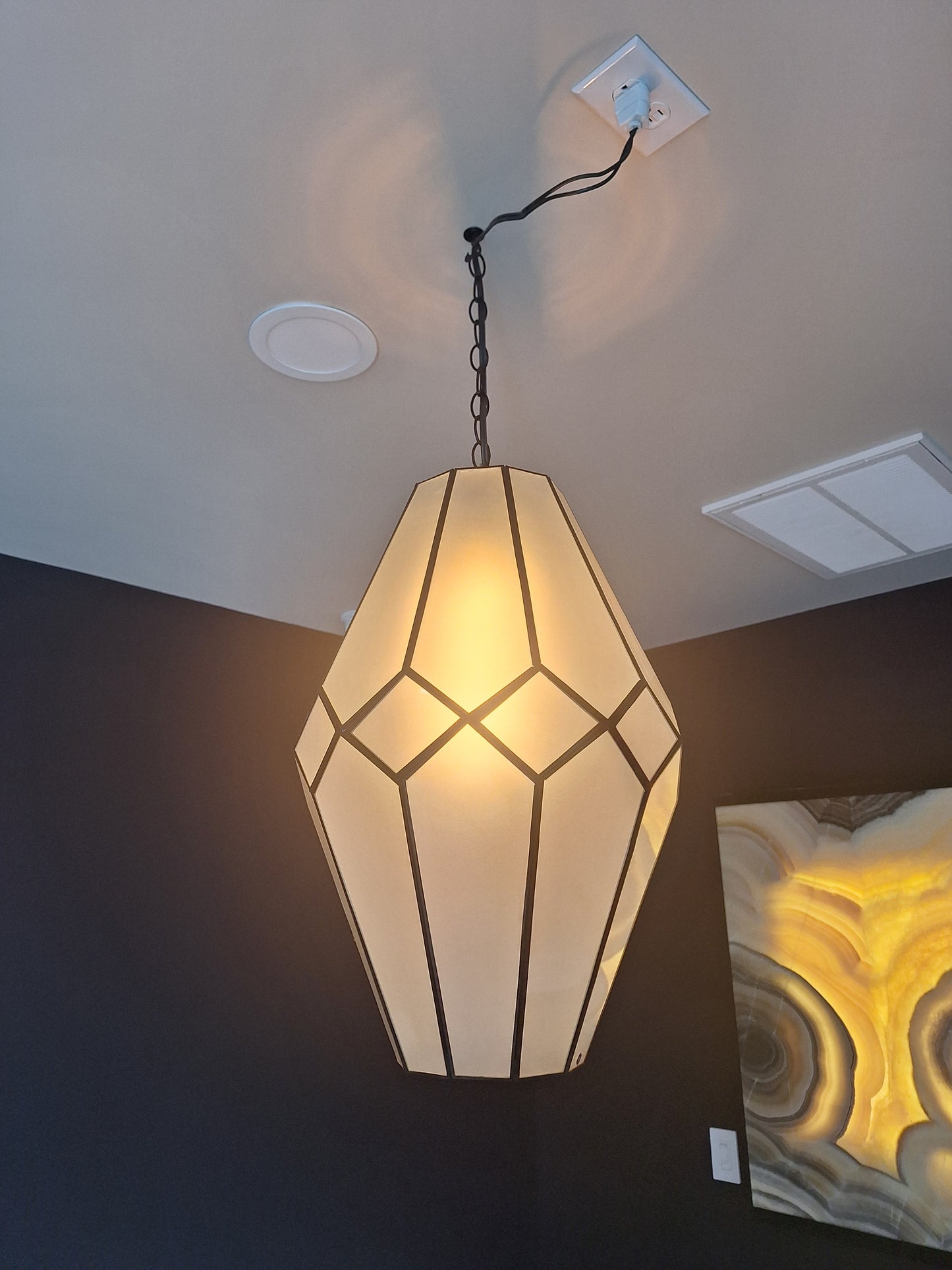Large Frosted Glass & Tin Geometric Pendant Light Chandelier
