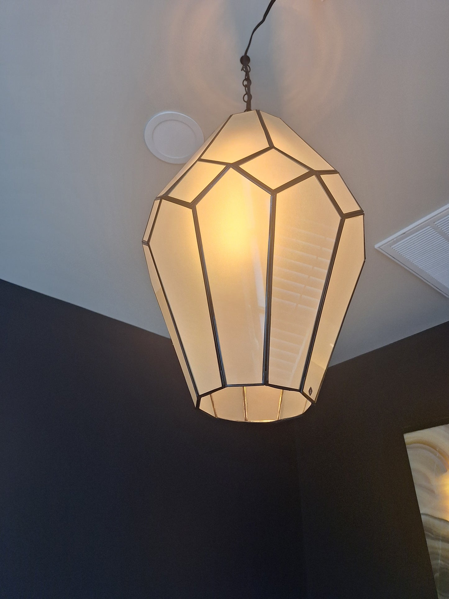 Large Frosted Glass & Tin Geometric Pendant Light Chandelier
