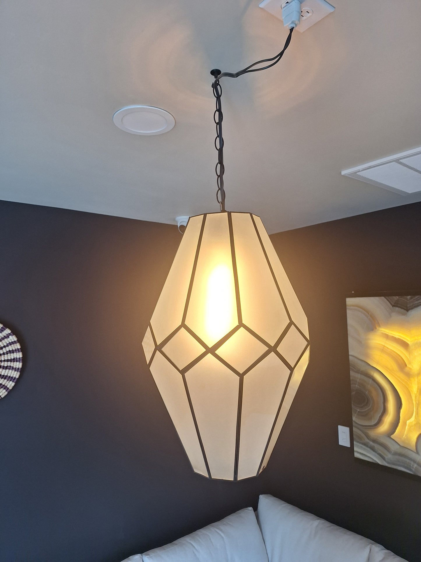 Large Frosted Glass & Tin Geometric Pendant Light Chandelier