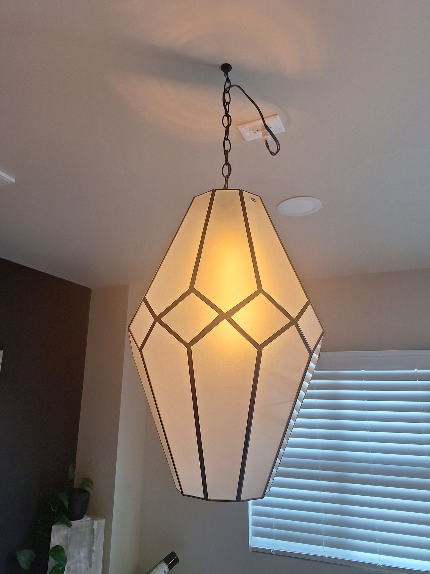 Large Frosted Glass & Tin Geometric Pendant Light Chandelier