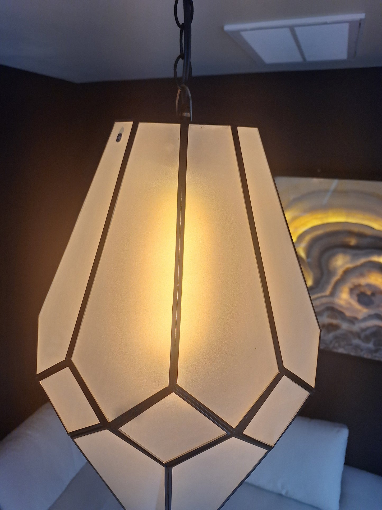 Large Frosted Glass & Tin Geometric Pendant Light Chandelier