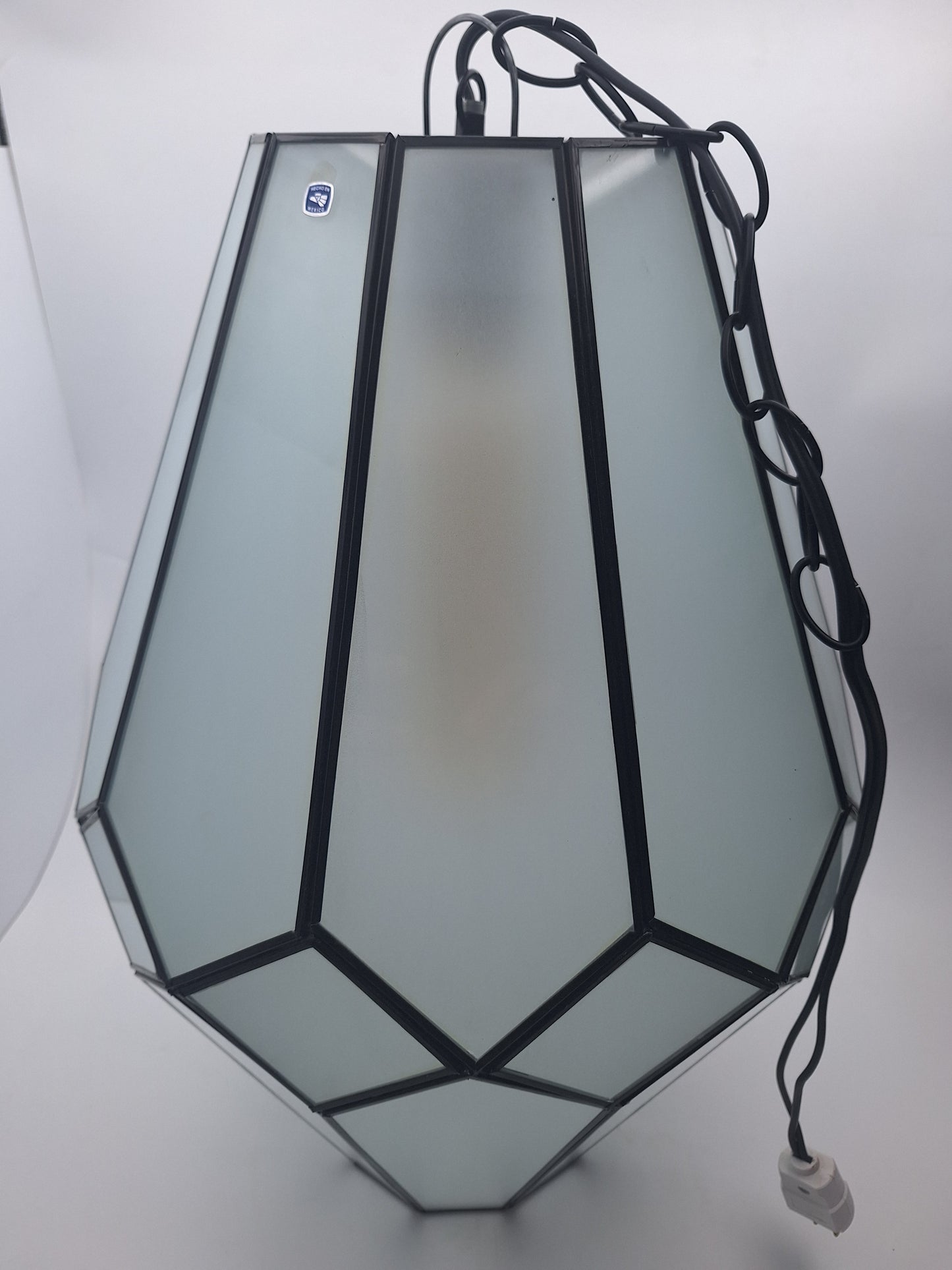 Large Frosted Glass & Tin Geometric Pendant Light Chandelier