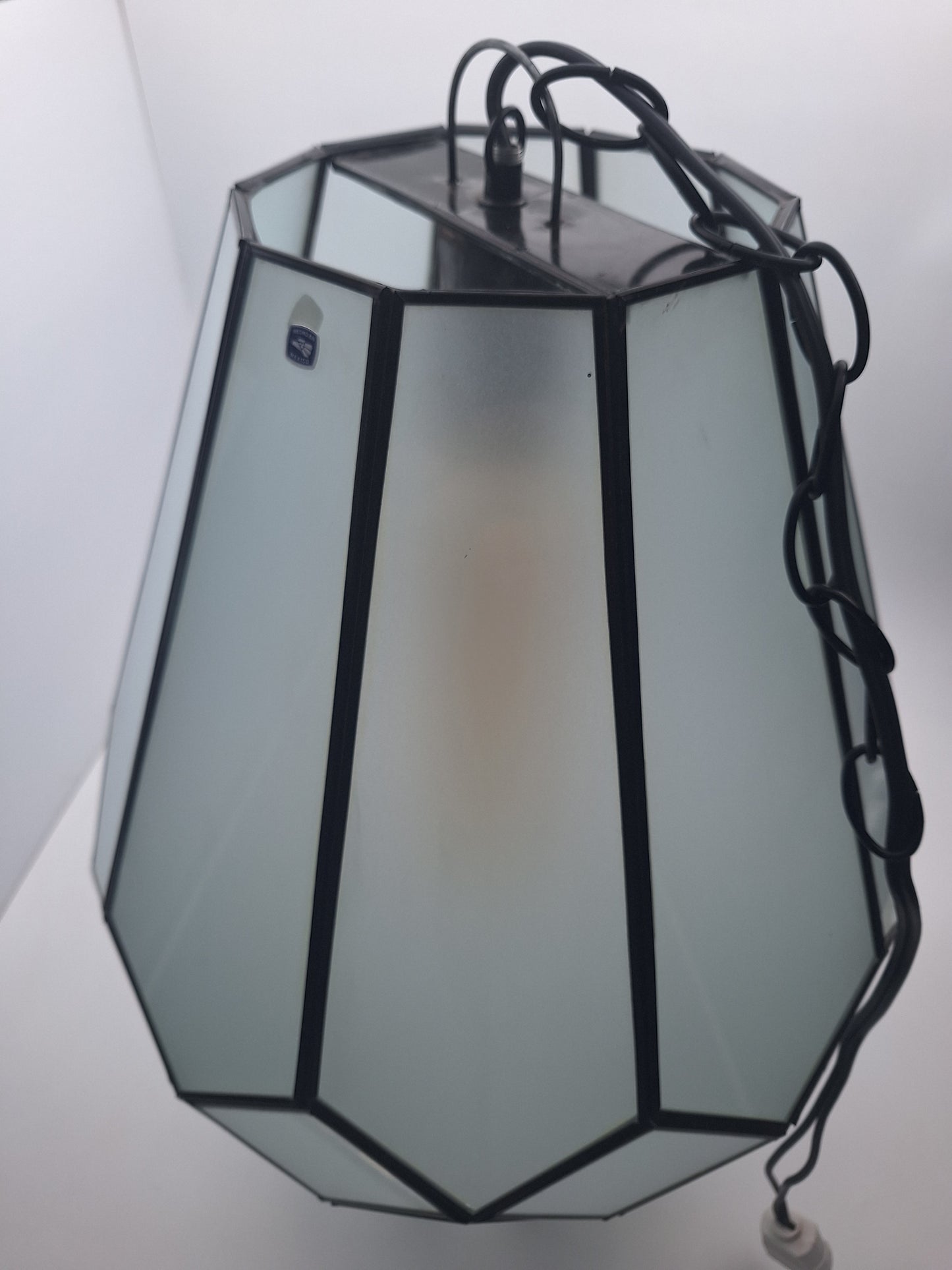 Large Frosted Glass & Tin Geometric Pendant Light Chandelier