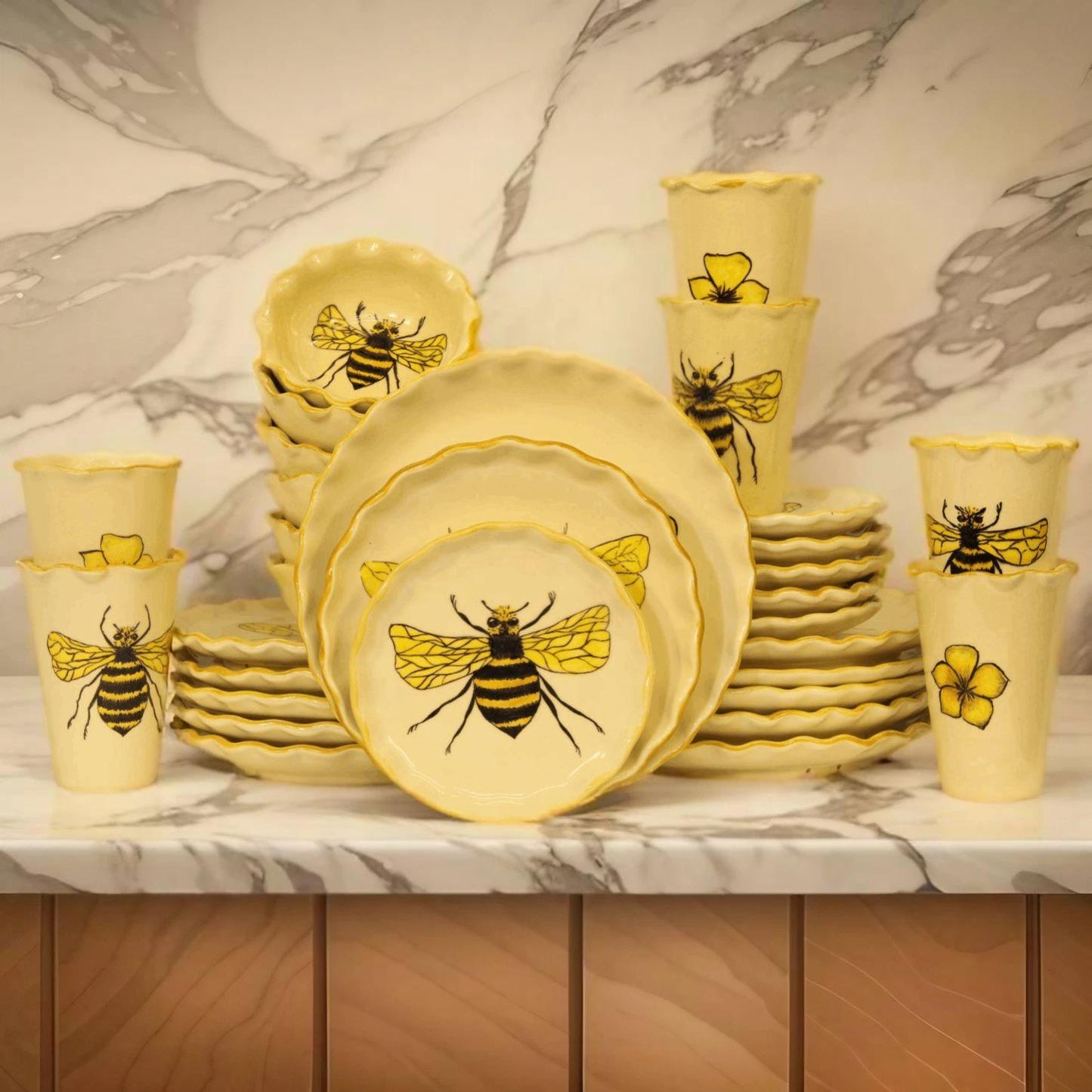 30pc Bumblebee & Flowers Handmade Ceramic Dinnerware Set (For 6 People)
