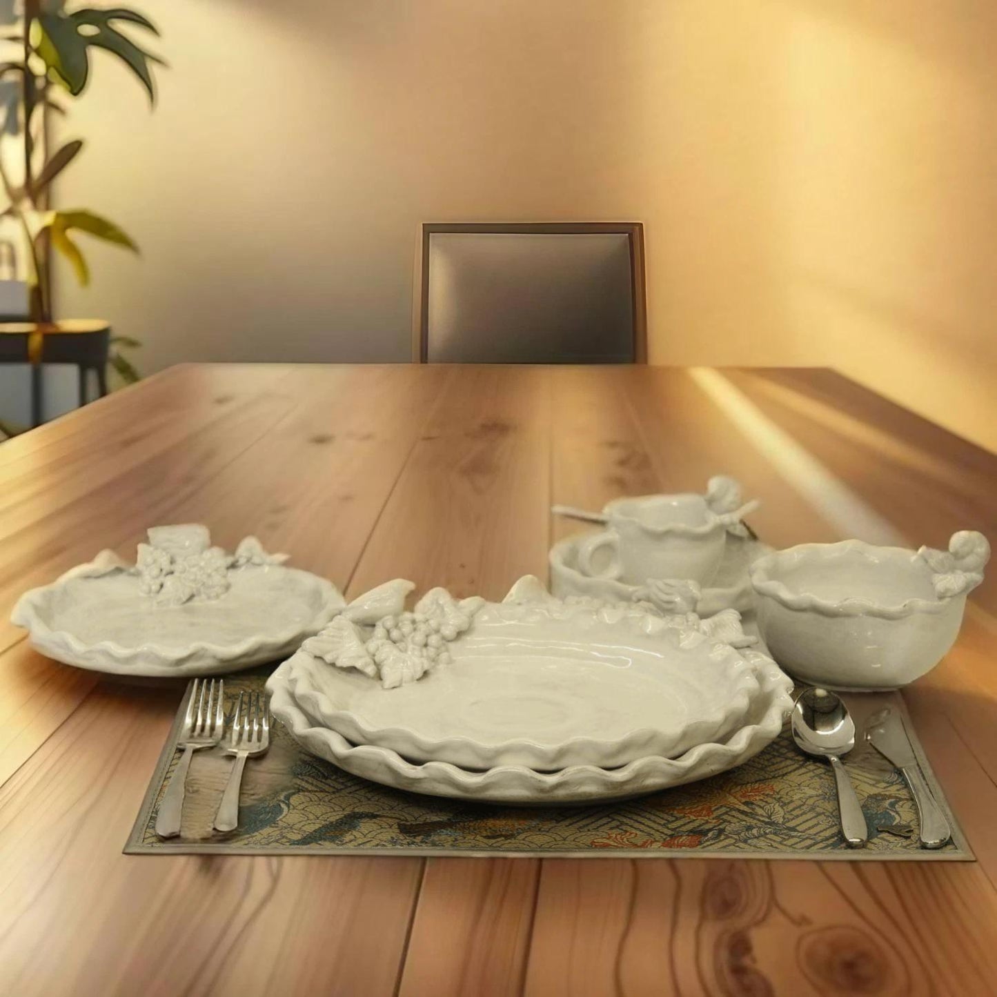 36 pc Fruit & Birds Handmade Ceramic Dinnerware Set (For 6 People)