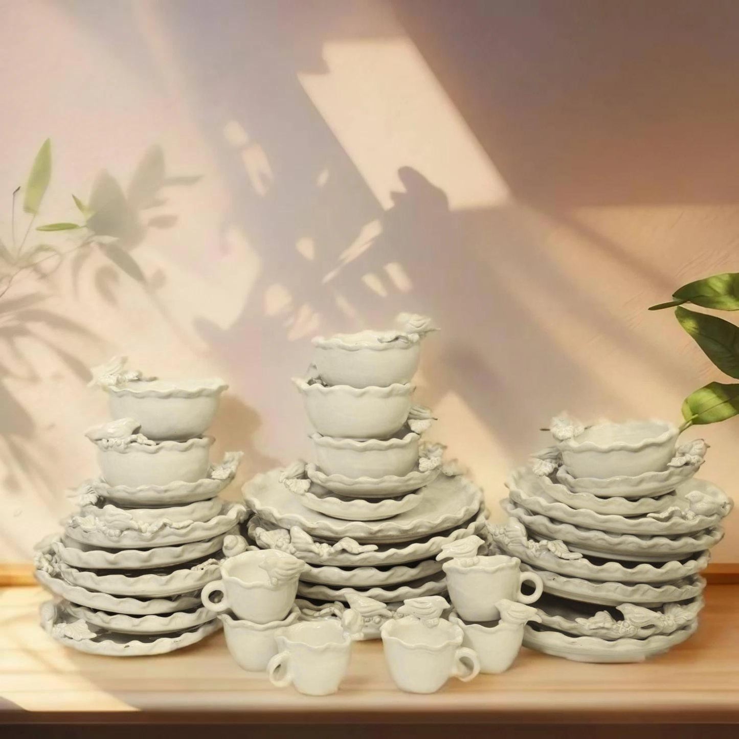 36 pc Fruit & Birds Handmade Ceramic Dinnerware Set (For 6 People)