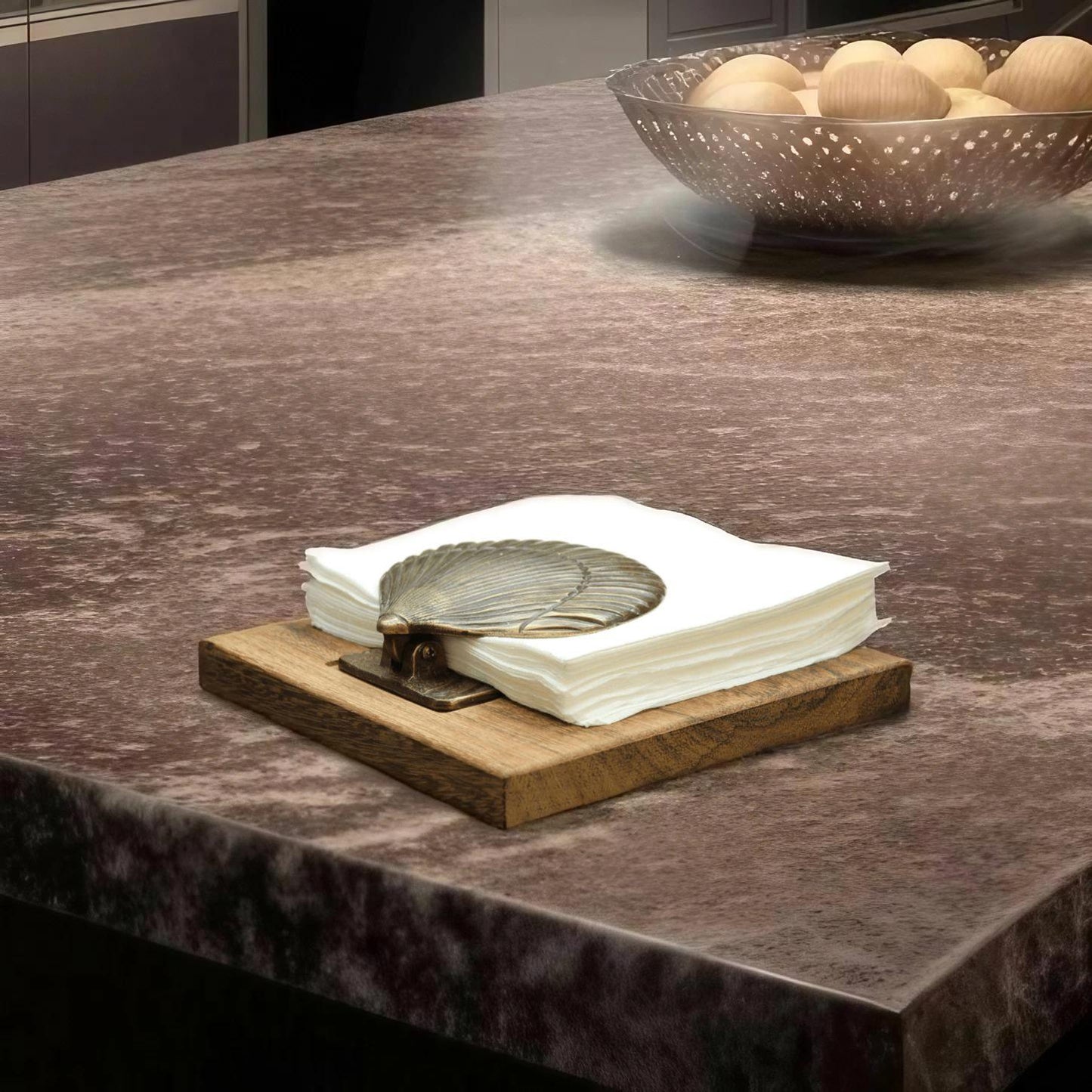 Brass Clam Wood Napkin Holder