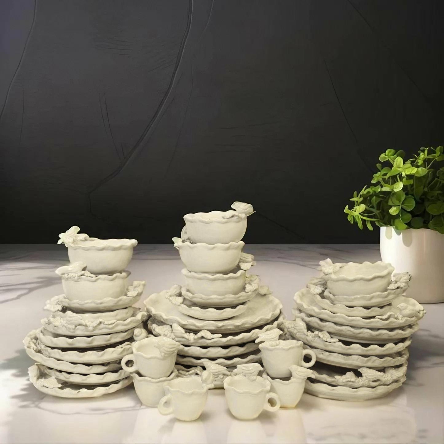 36 pc Fruit & Birds Handmade Ceramic Dinnerware Set (For 6 People)