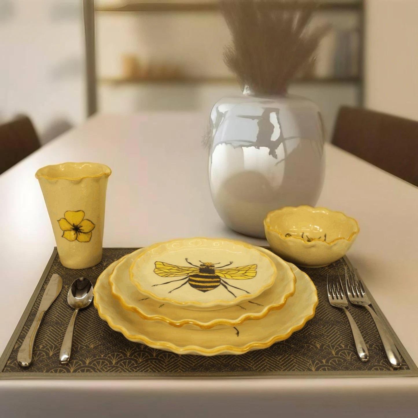 30pc Bumblebee & Flowers Handmade Ceramic Dinnerware Set (For 6 People)