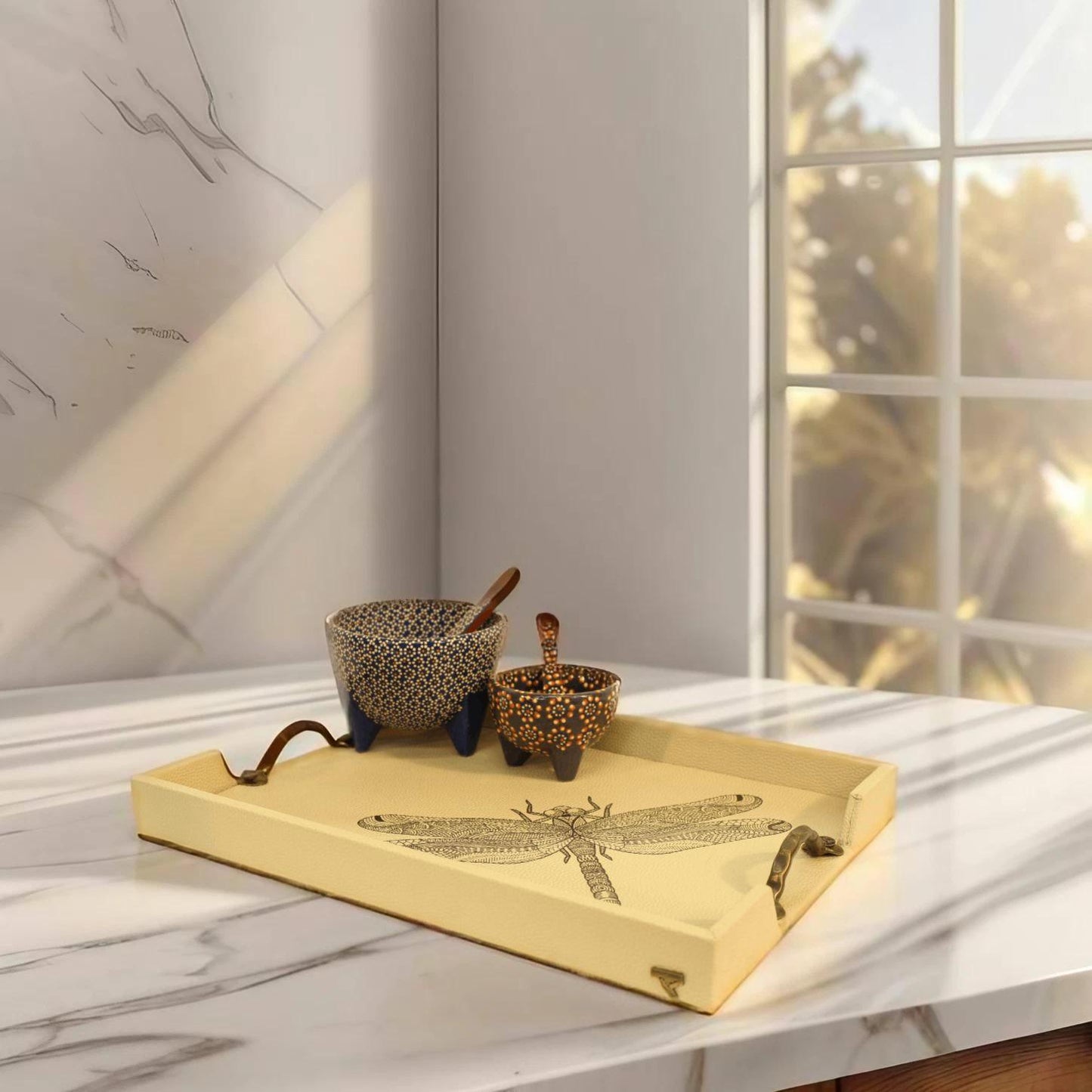 Black Dragonfly Serving Tray w/ Metal Handles