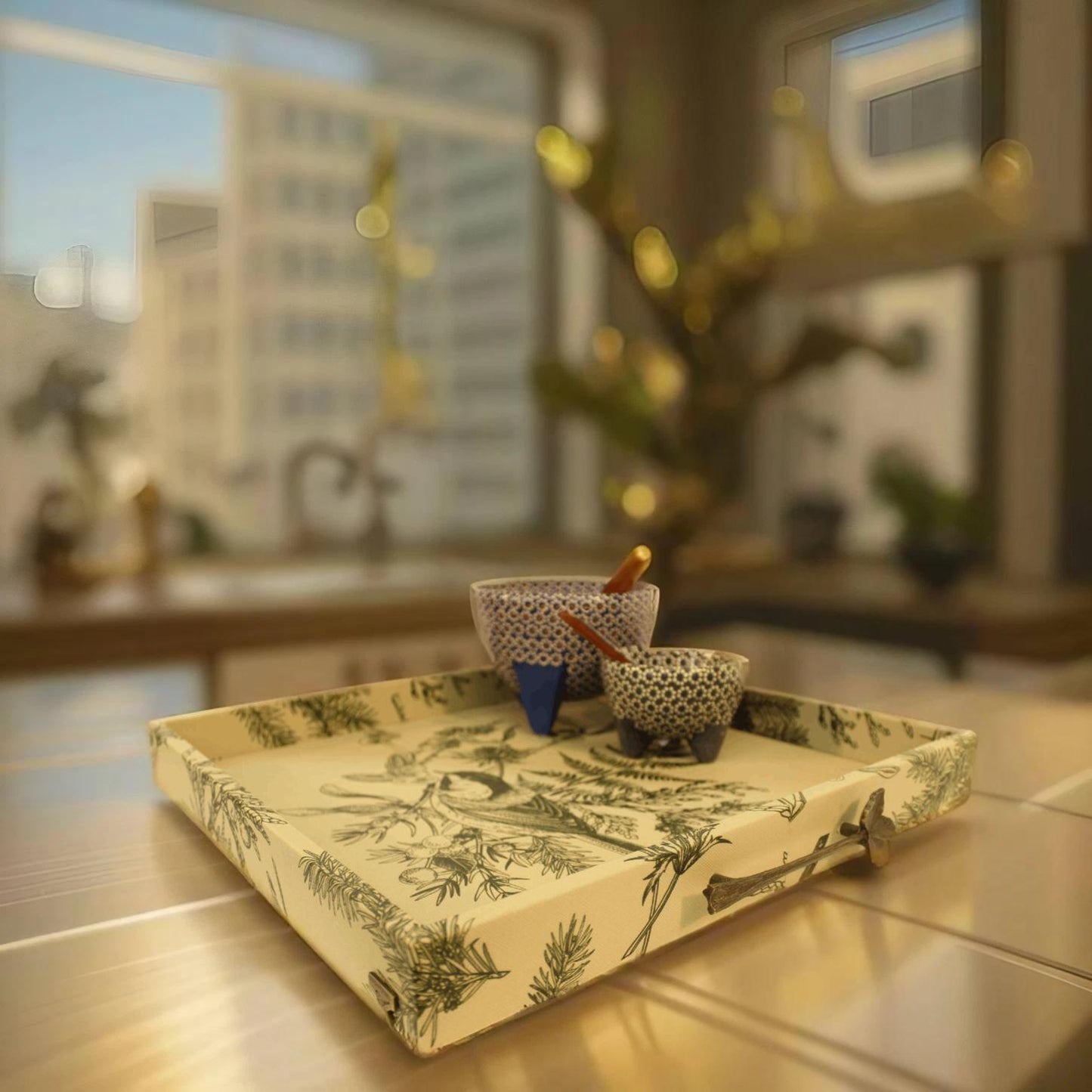Green Floral Serving Tray w/ Metal Handles
