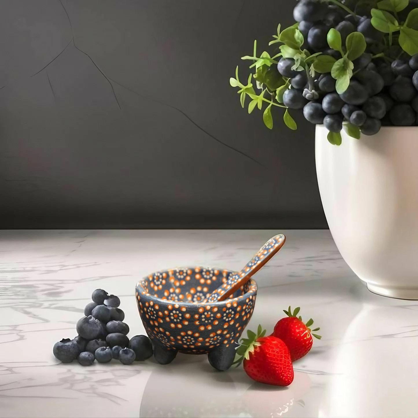 6oz Blue & Red Ceramic Salsa Bowl w/ Spoon