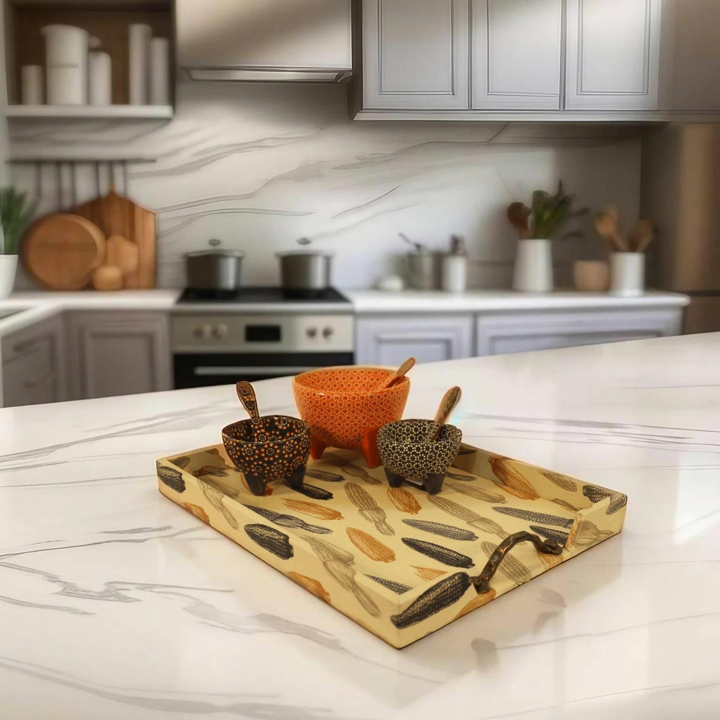 Beige Cornfield Serving Tray w/ Metal Handles
