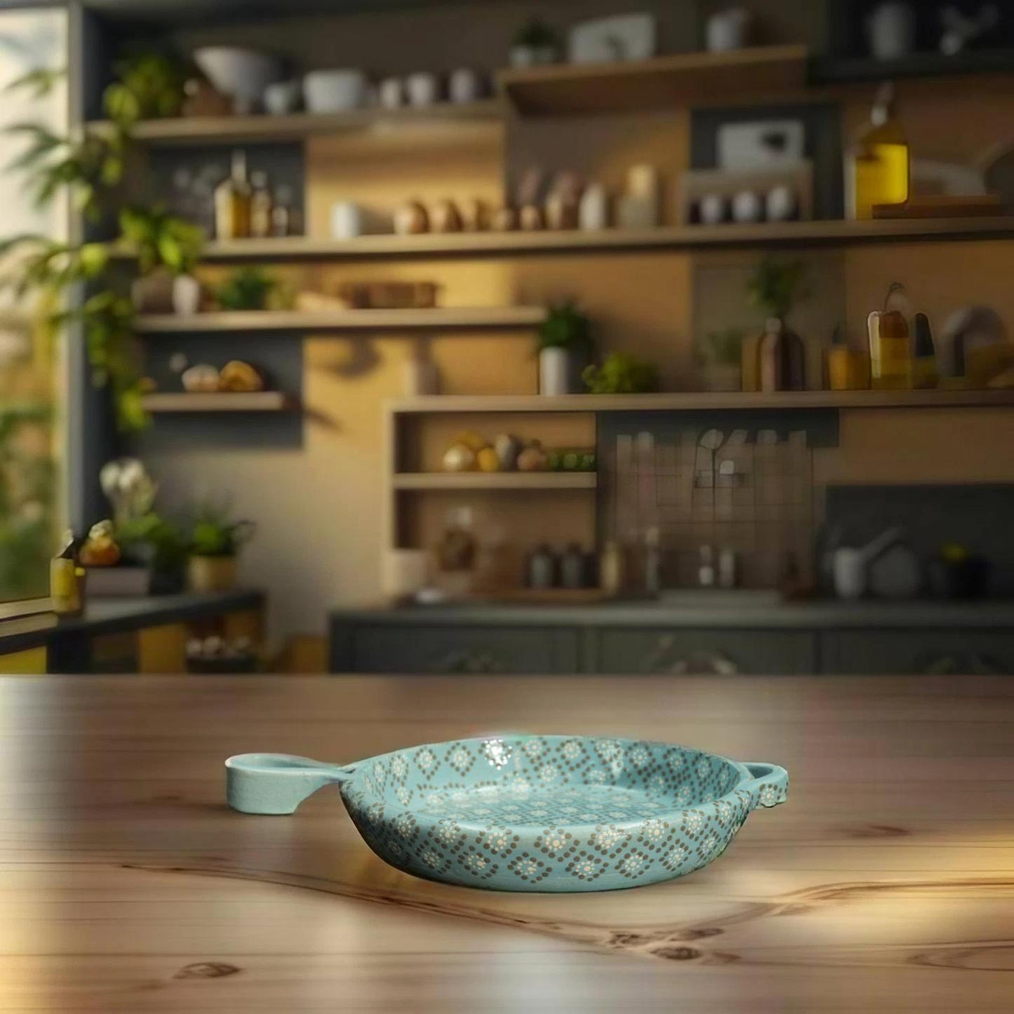 8" Aqua Patterned Clay Frying Pan