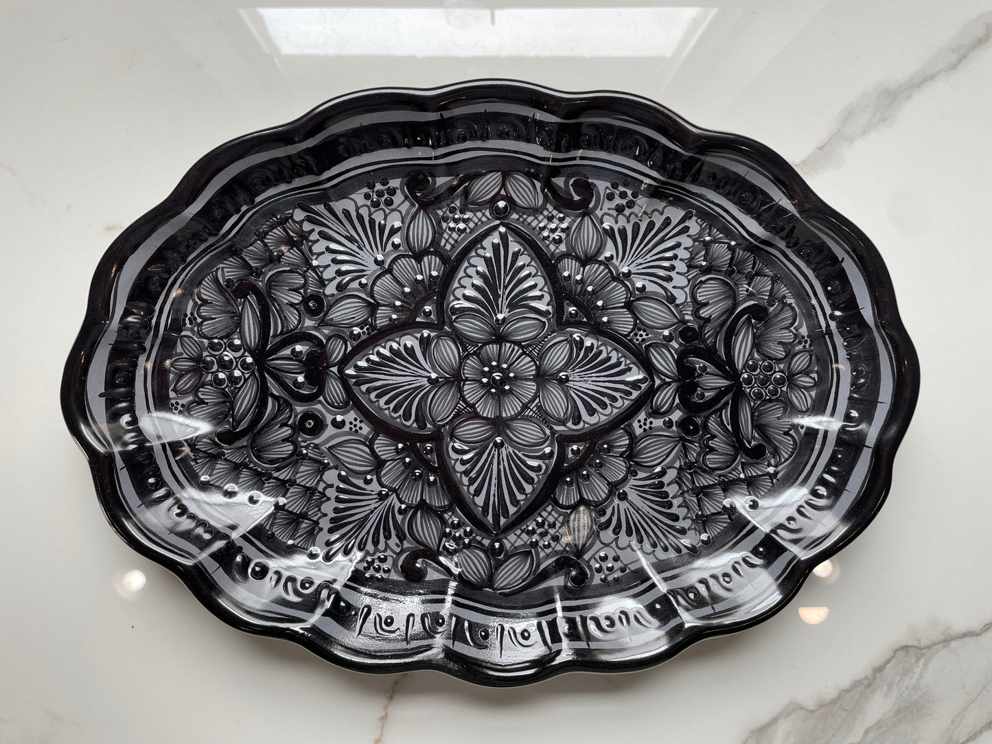 Black Patterned Big Oval Talavera Decorative Tray