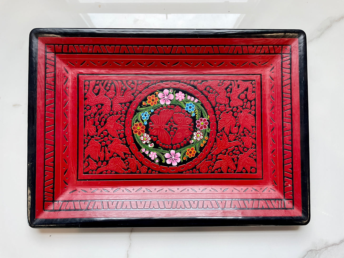 Red/Black Unique Artistic Wooden Tray Set
