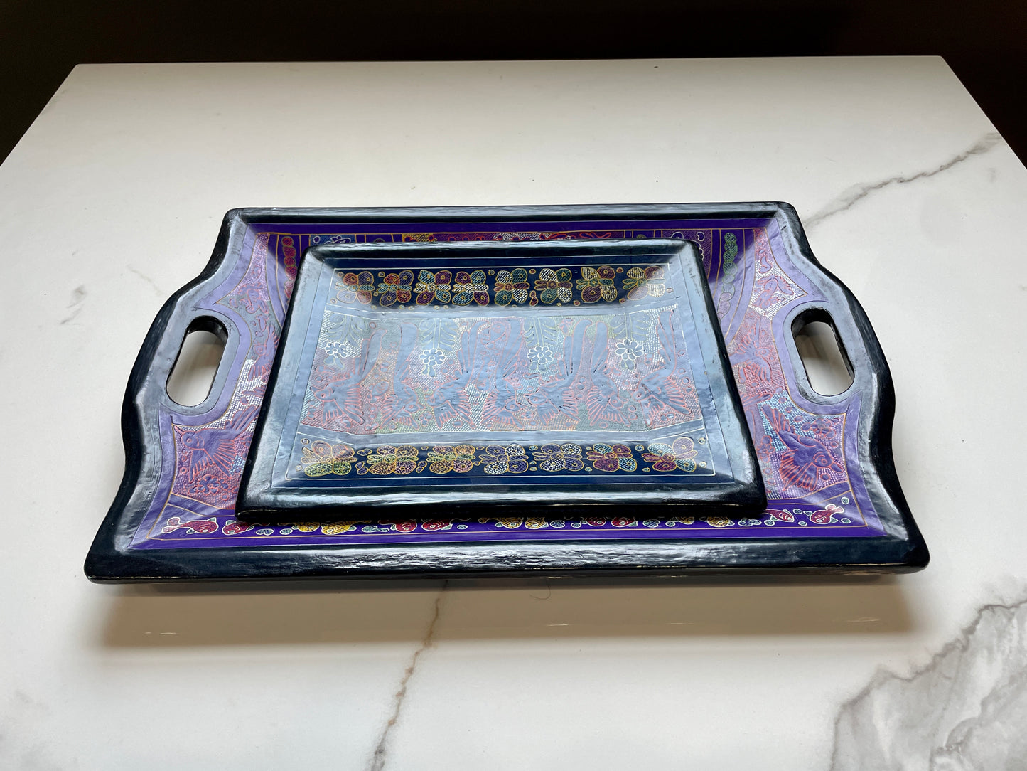 Purple/Black Unique Artistic Wooden Tray Set
