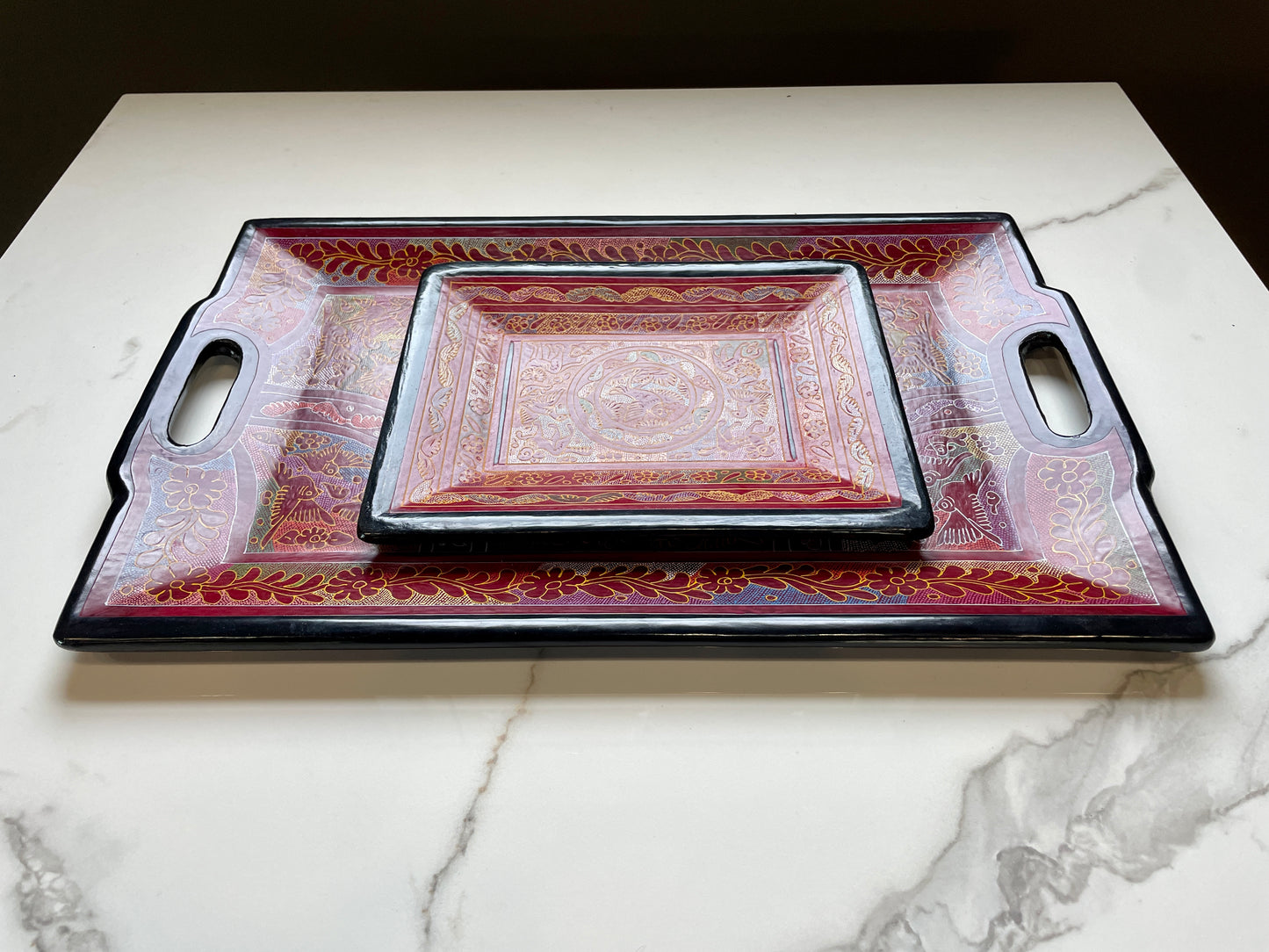 Light Red/Black Unique Artistic Wooden Tray Set