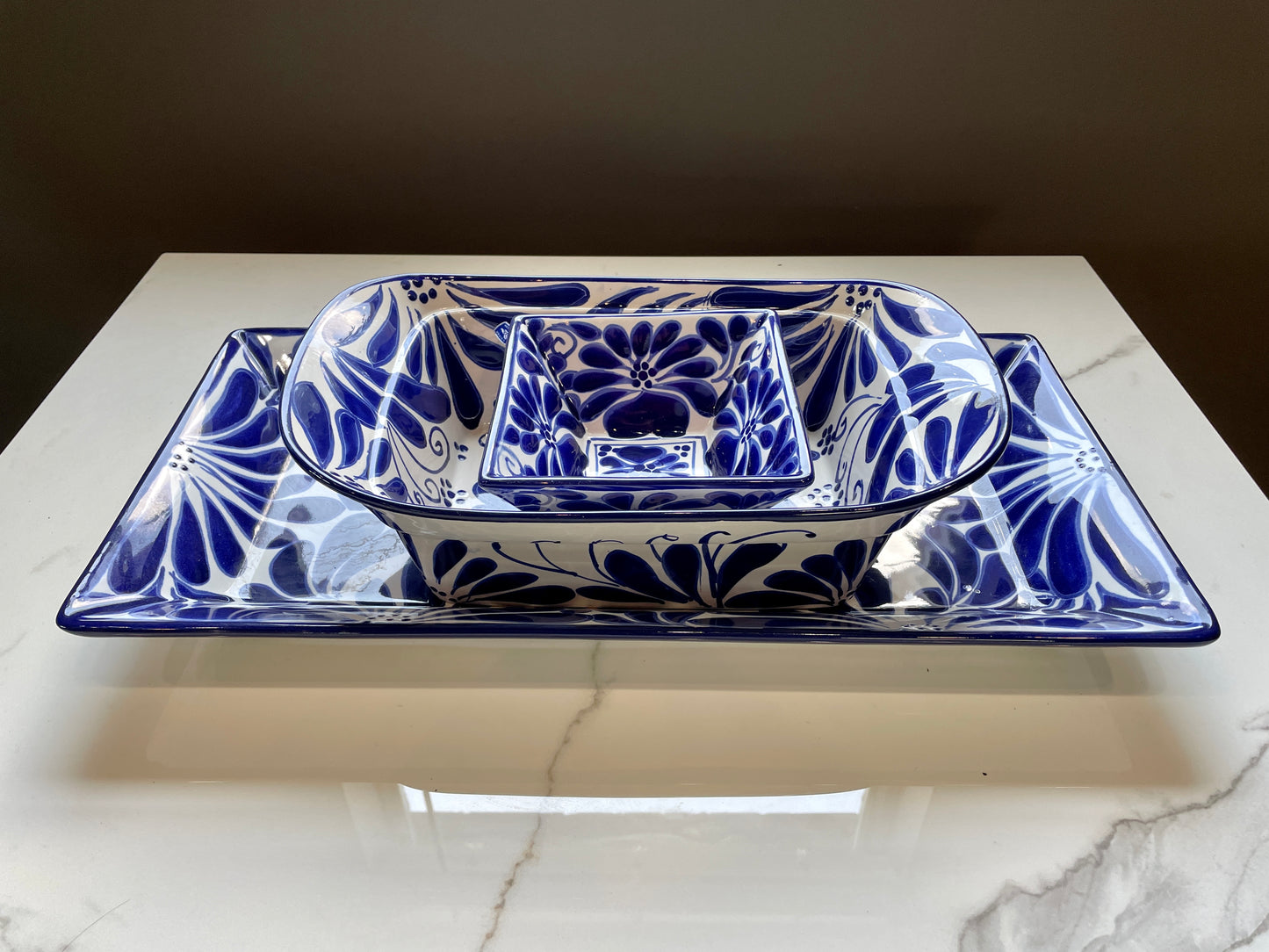 Blue And White Big 3pc Talavera Tray Set