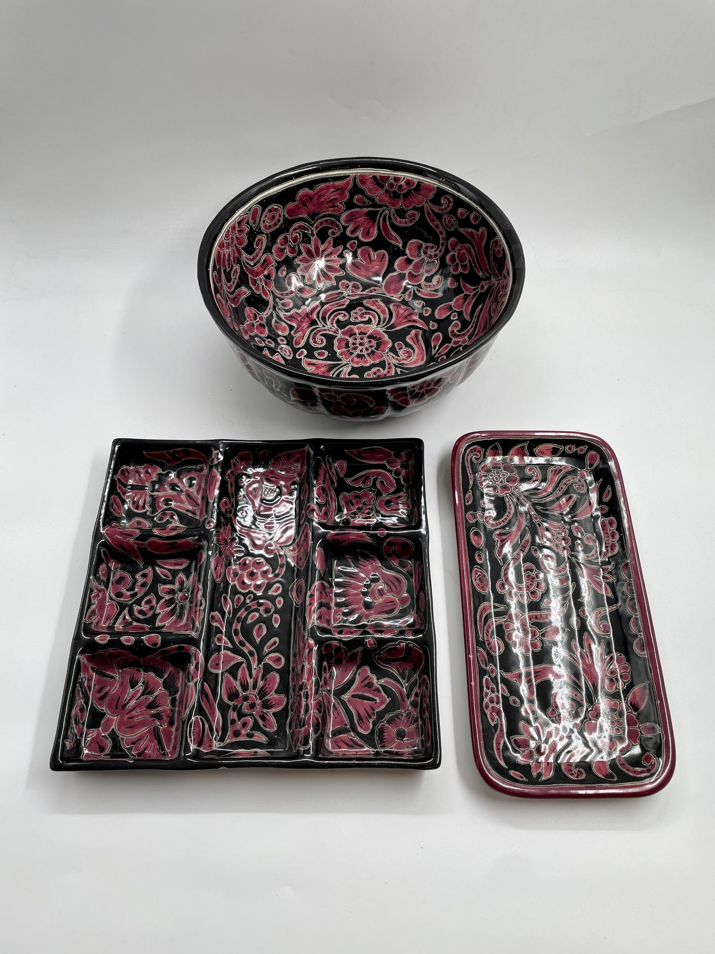 Purple and Black Bowl and Rectangle 3pc Talavera Tray Set