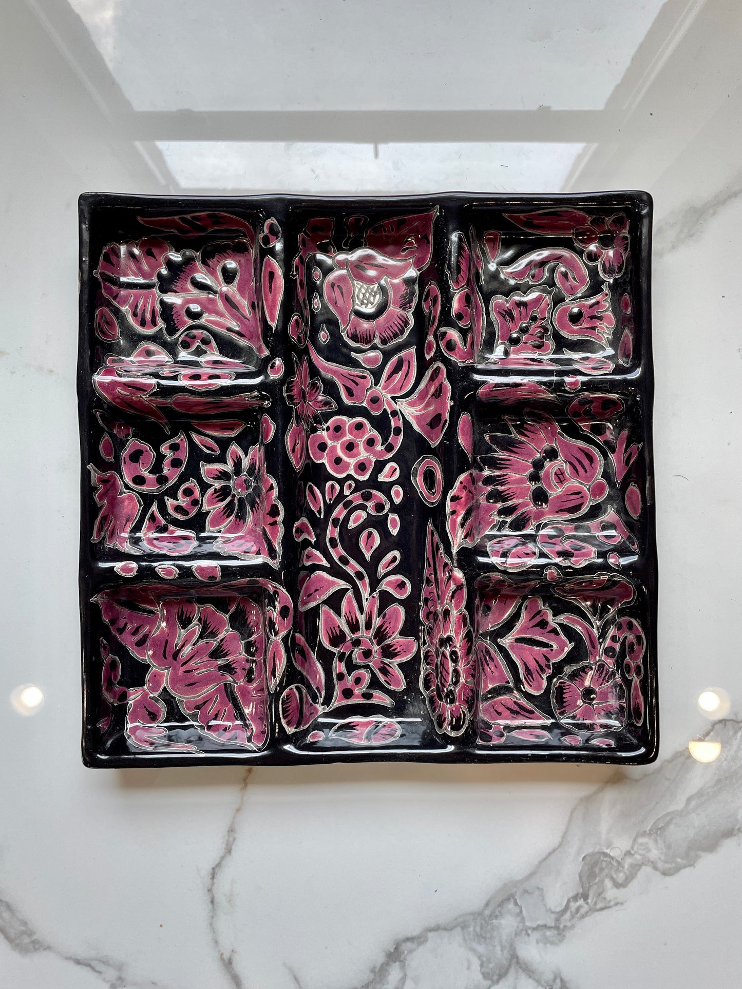 Purple and Black Bowl and Rectangle 3pc Talavera Tray Set