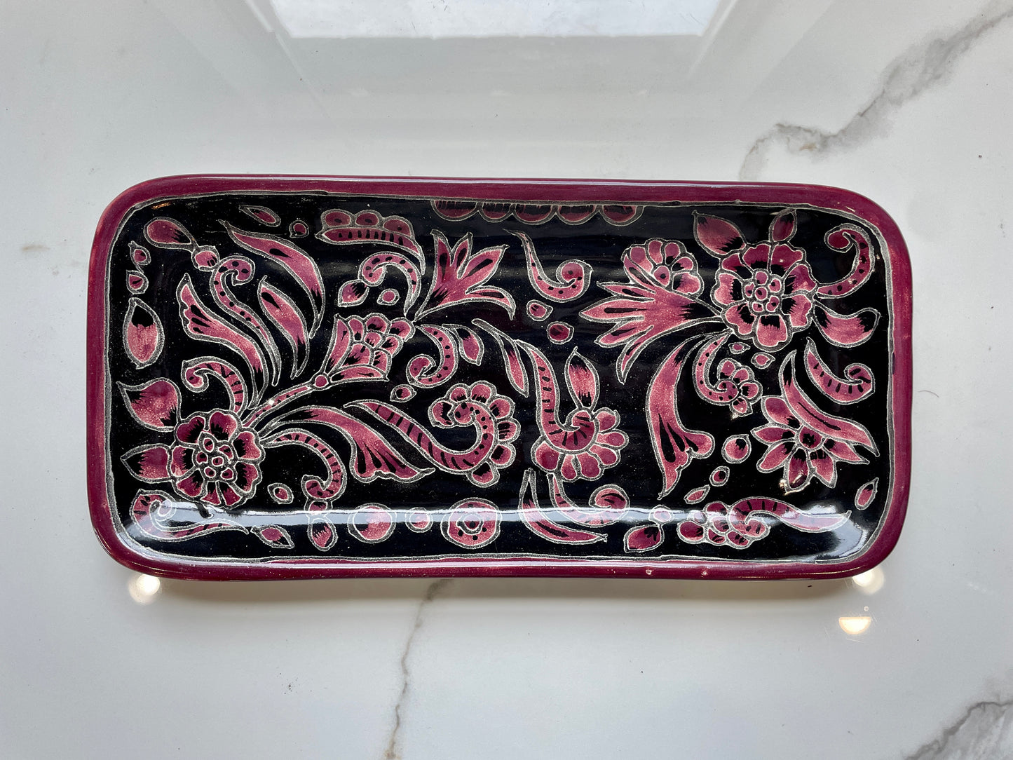 Purple and Black Bowl and Rectangle 3pc Talavera Tray Set