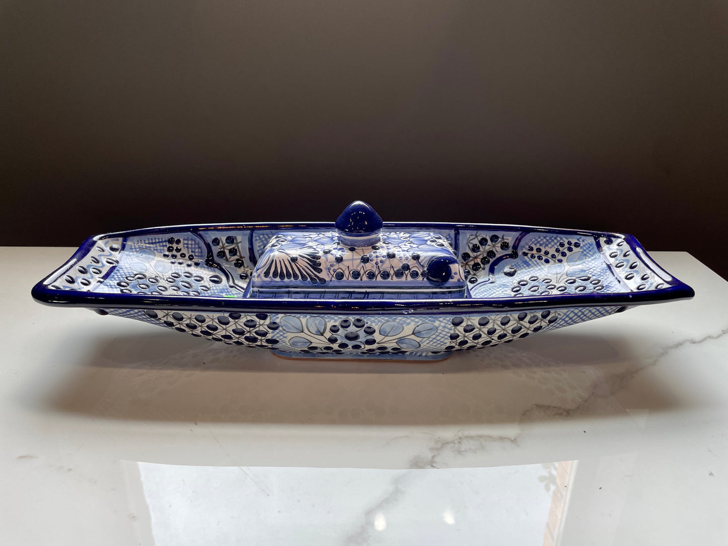 Blue and White Patterned Big Canoe Talavera Tray Set