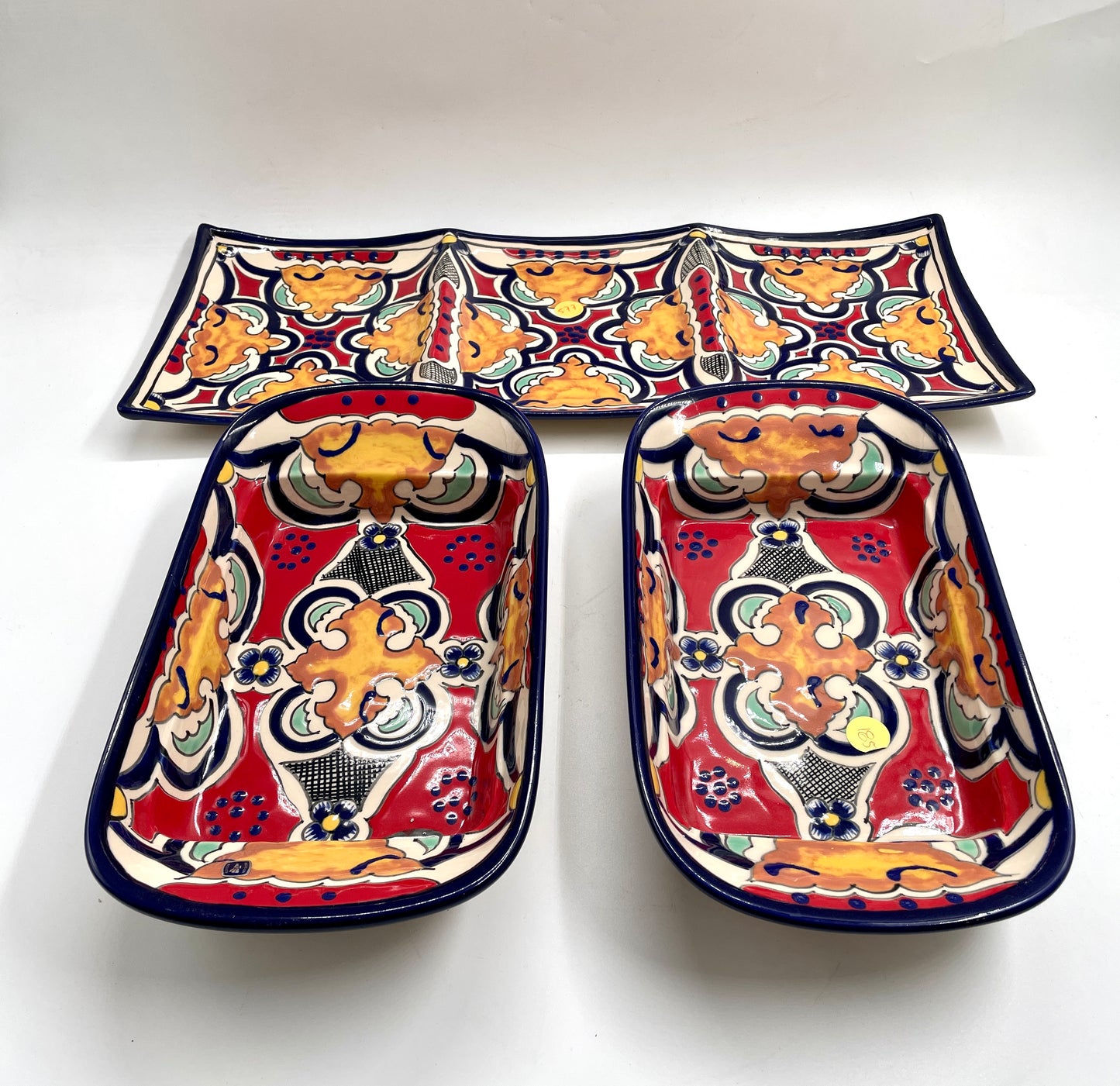 Multicolor 3pc Patterned Bowl and Tray Talavera Set
