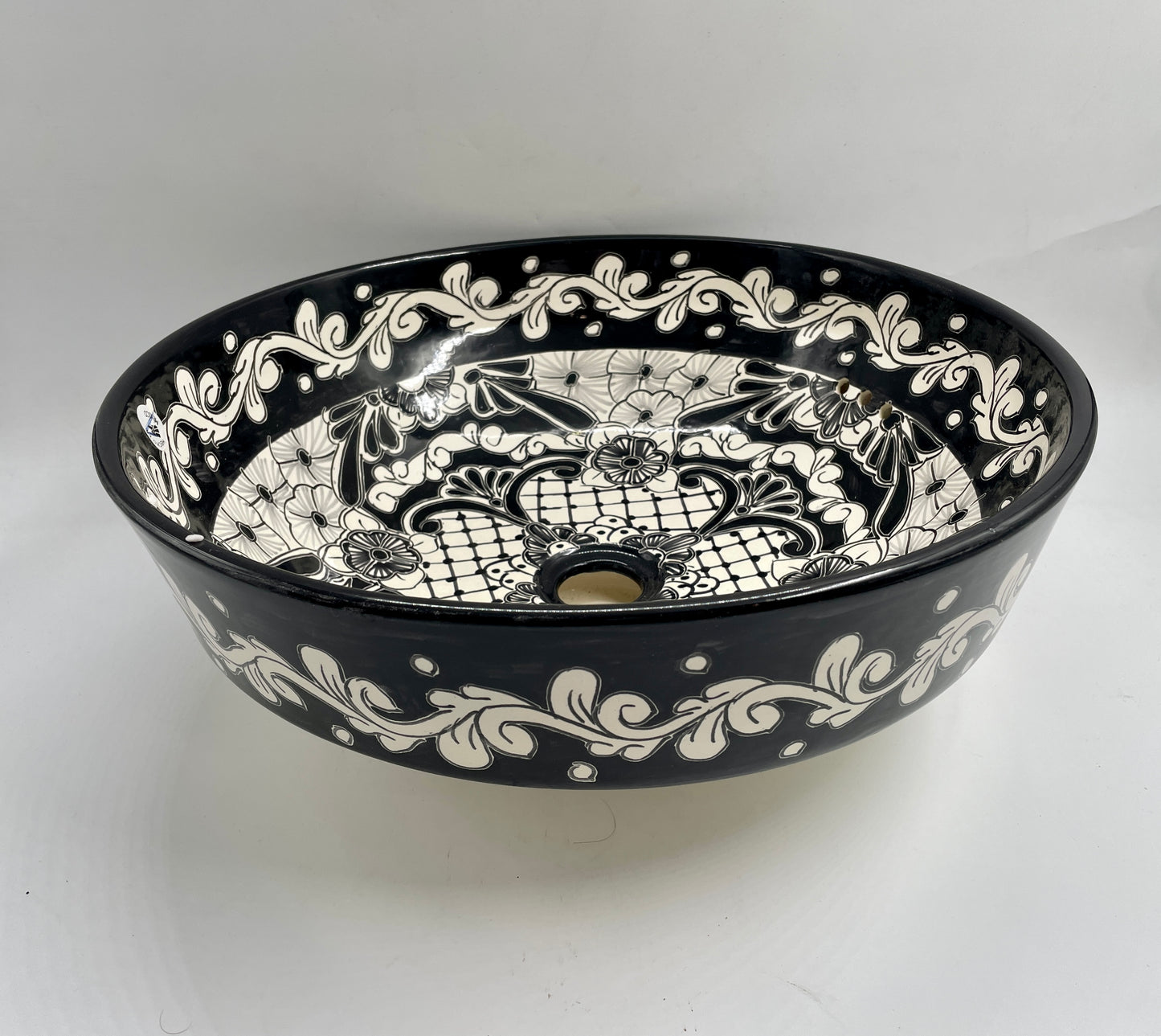 Black and White Patterned Medium Round Talavera Vessel Sink