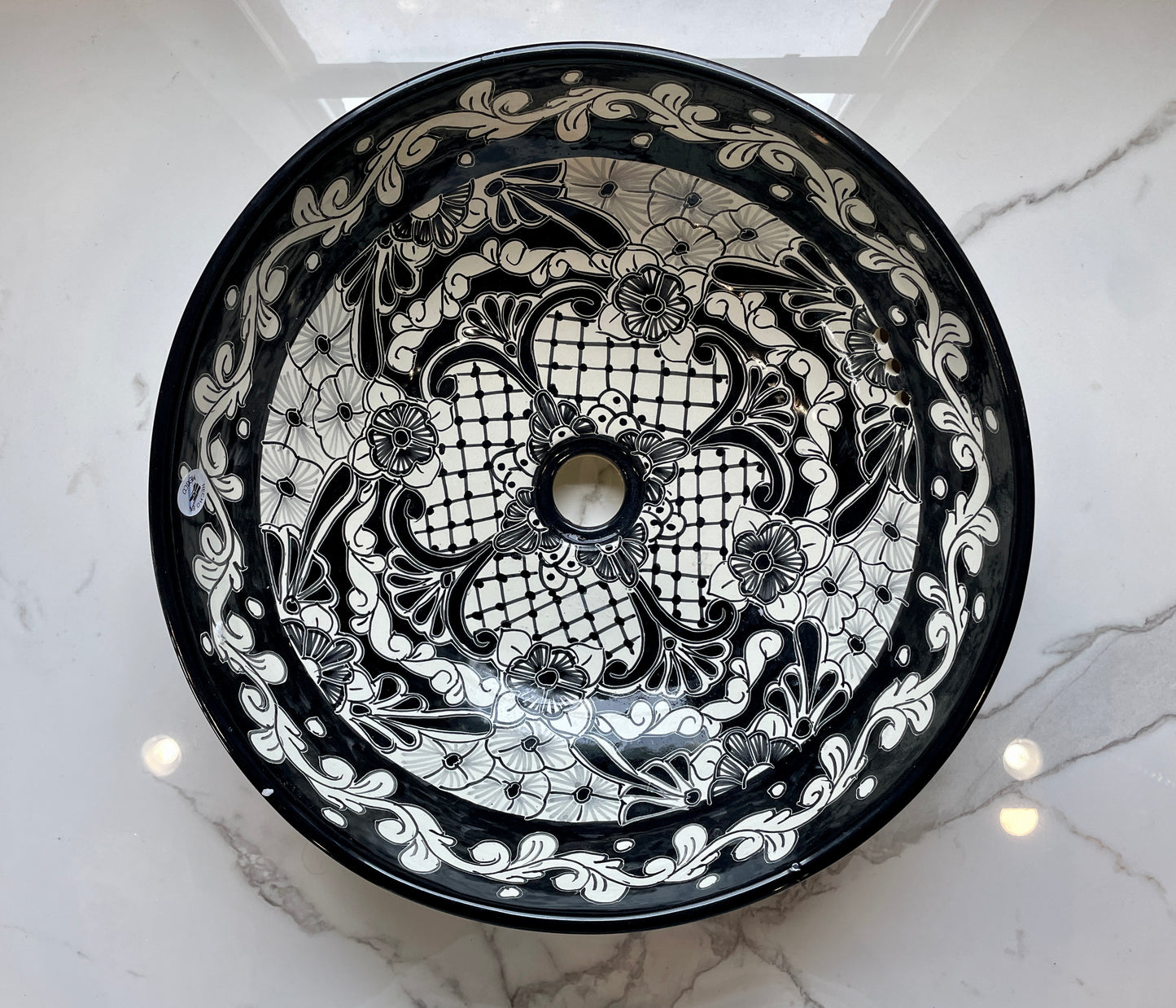 Black and White Patterned Medium Round Talavera Vessel Sink