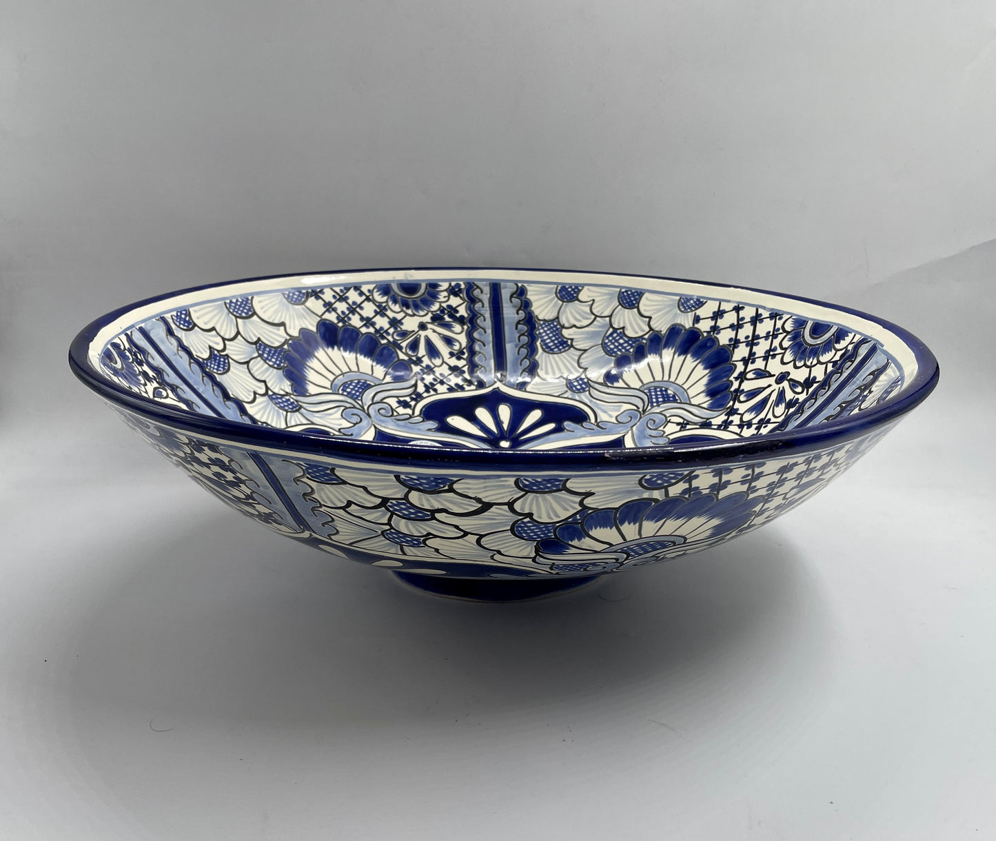 Blue and White Patterned Medium Round Talavera Vessel Sink