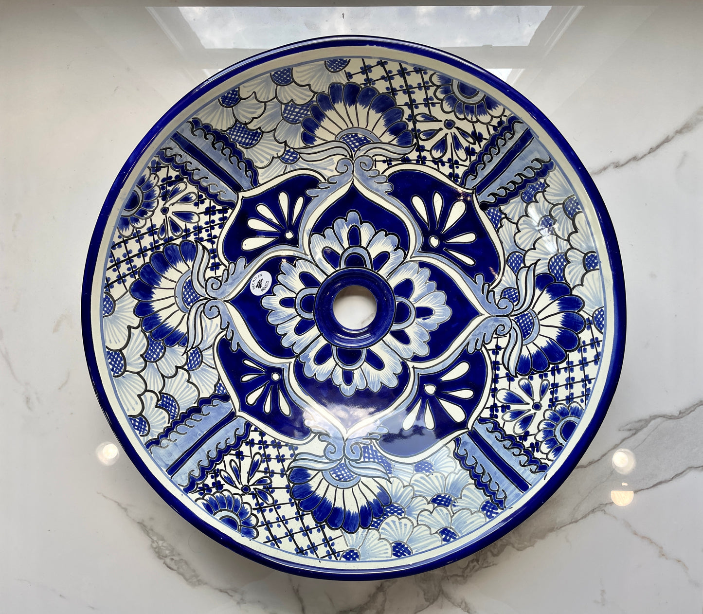 Blue and White Patterned Medium Round Talavera Vessel Sink