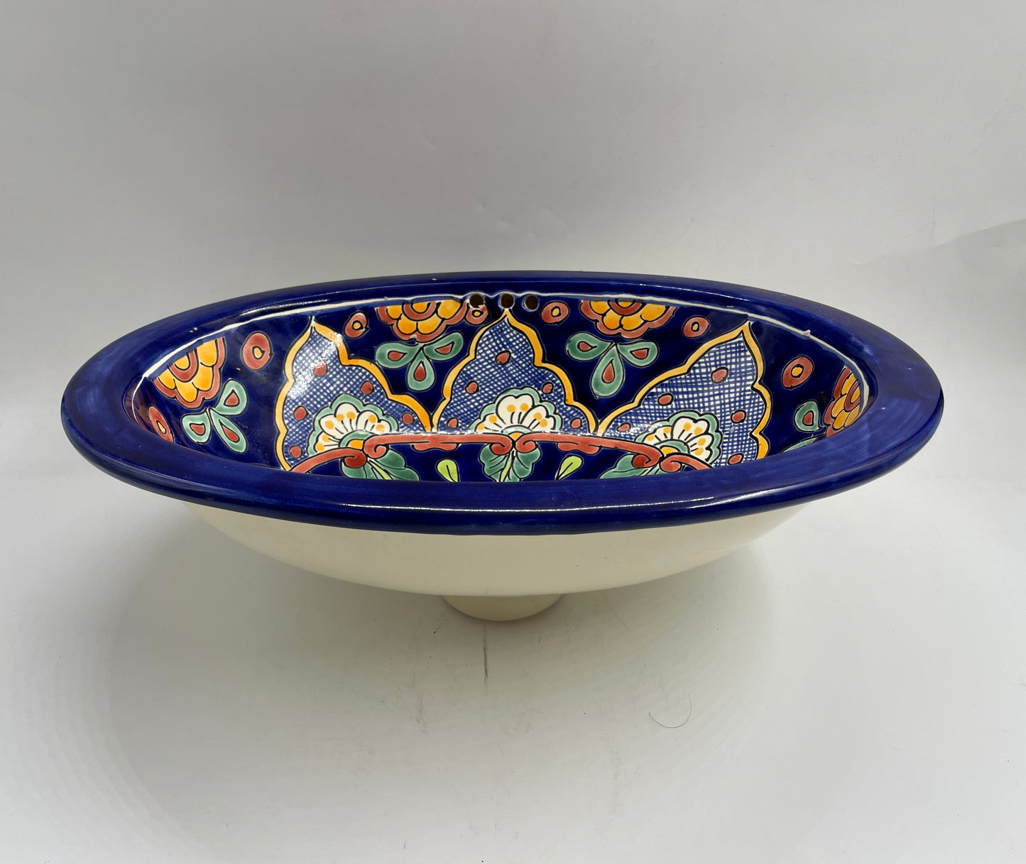 Blue and Multicolor Patterned Small Flower Talavera Drop-In Sink
