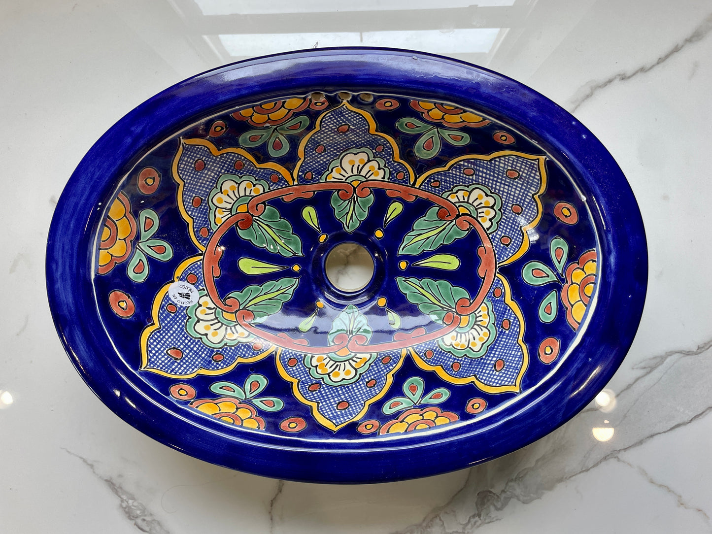 Blue and Multicolor Patterned Small Flower Talavera Drop-In Sink