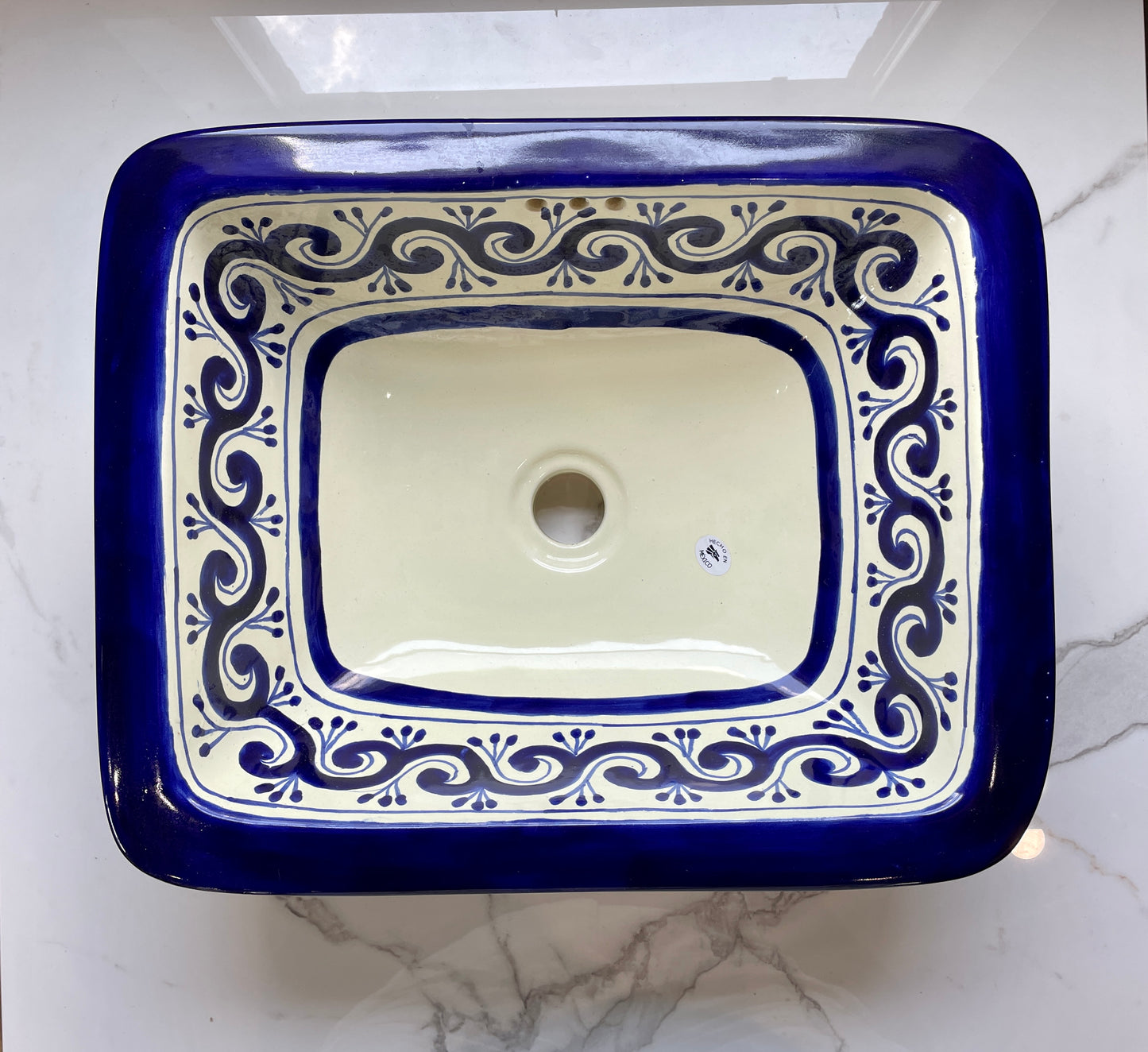 Blue and White Patterned Medium Rectangle Talavera Drop-In Sink