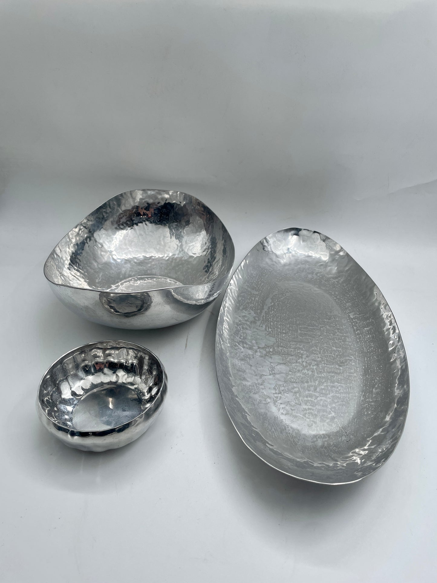 Silver Cratered 3pc Canoe Pewter Tray Set